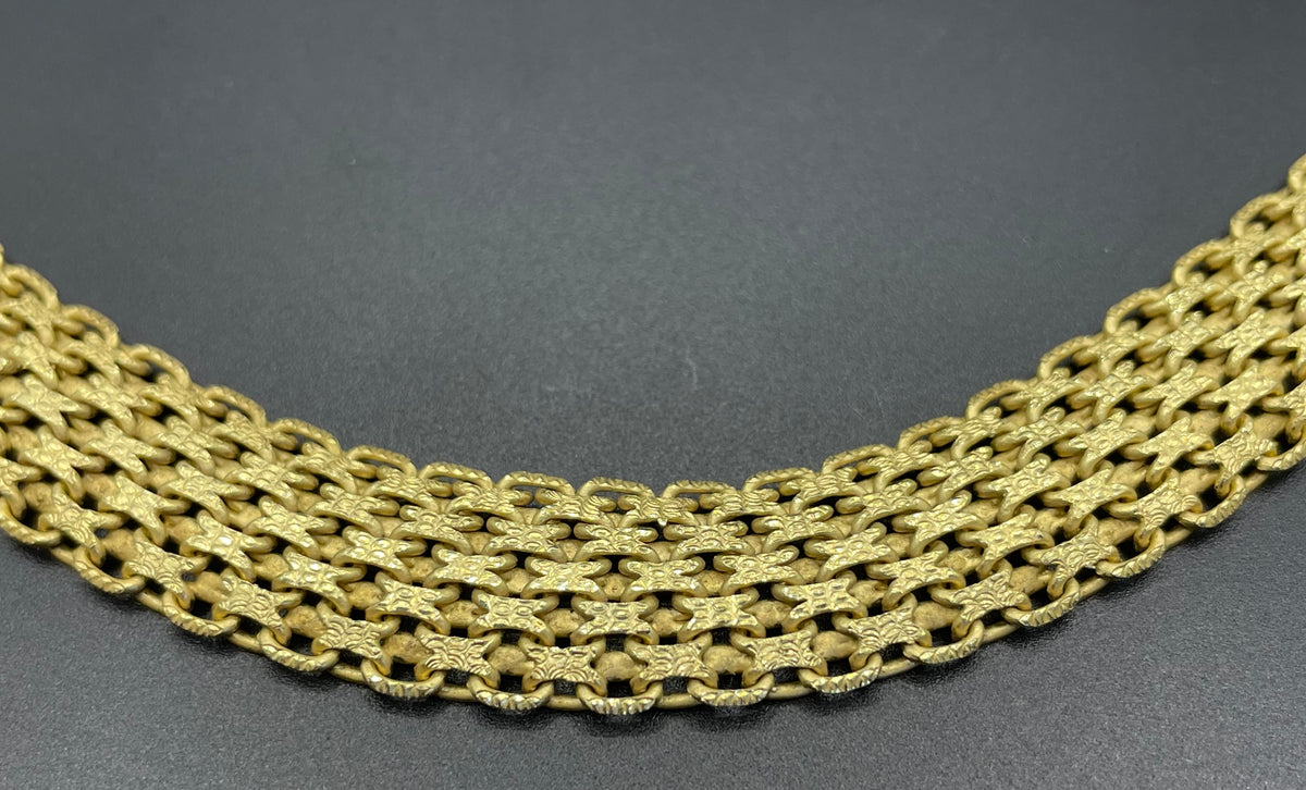Vintage sterling silver gold vermeil wide criss-cross link collar necklace with chunky clasp, fully stamped 925 Italy, 42 grams