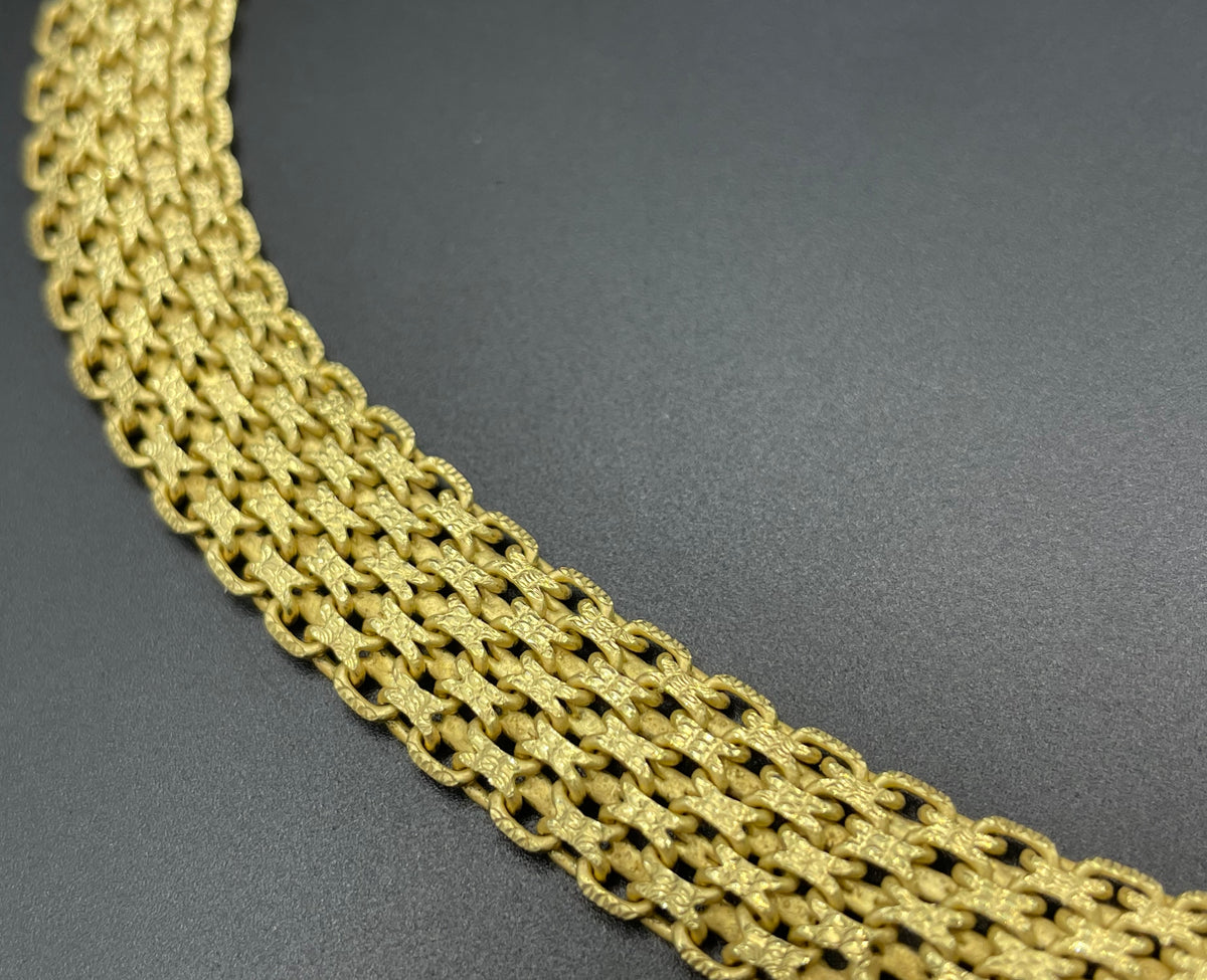 Vintage sterling silver gold vermeil wide criss-cross link collar necklace with chunky clasp, fully stamped 925 Italy, 42 grams