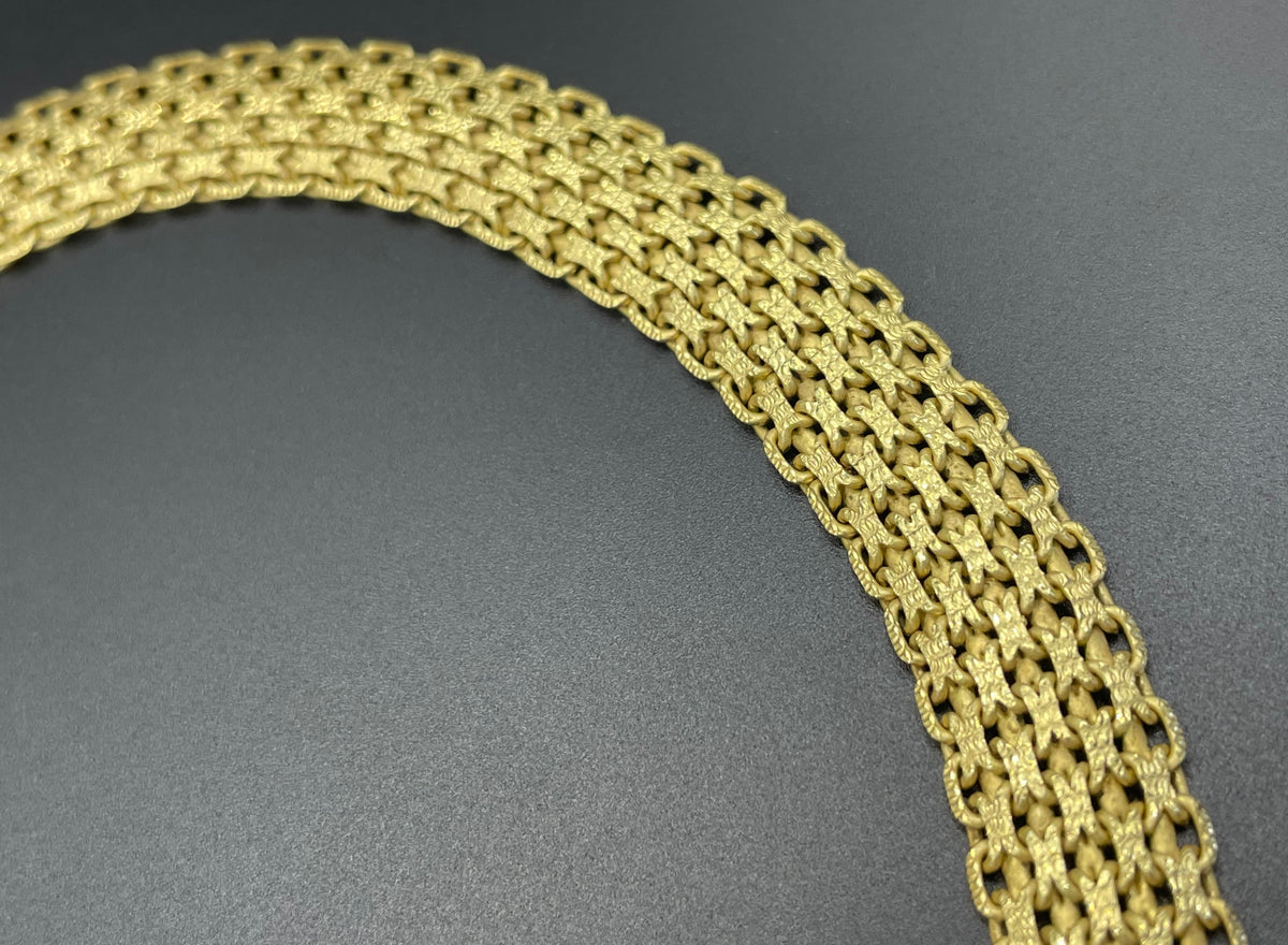 Vintage sterling silver gold vermeil wide criss-cross link collar necklace with chunky clasp, fully stamped 925 Italy, 42 grams