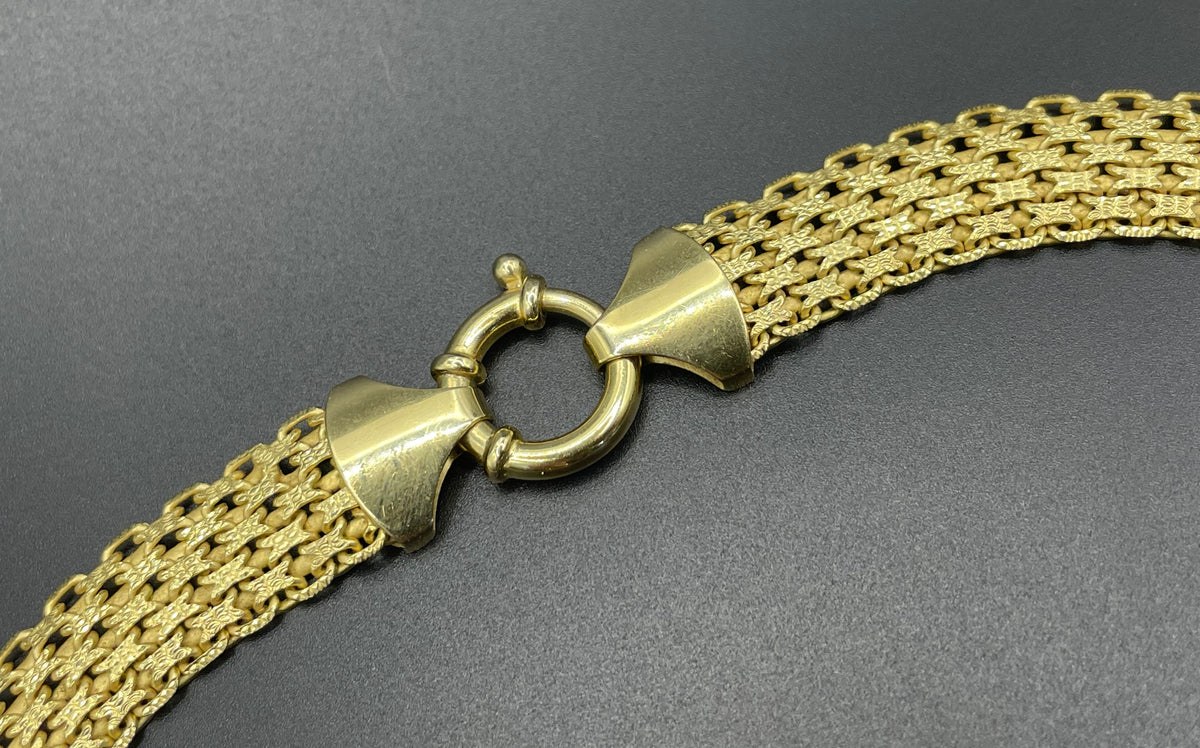 Vintage sterling silver gold vermeil wide criss-cross link collar necklace with chunky clasp, fully stamped 925 Italy, 42 grams