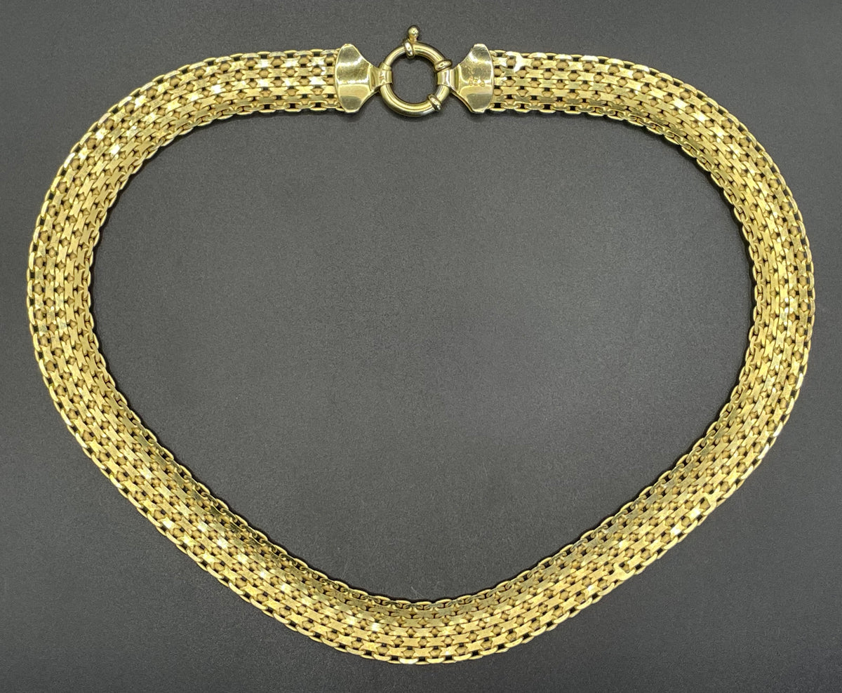Vintage sterling silver gold vermeil wide criss-cross link collar necklace with chunky clasp, fully stamped 925 Italy, 42 grams