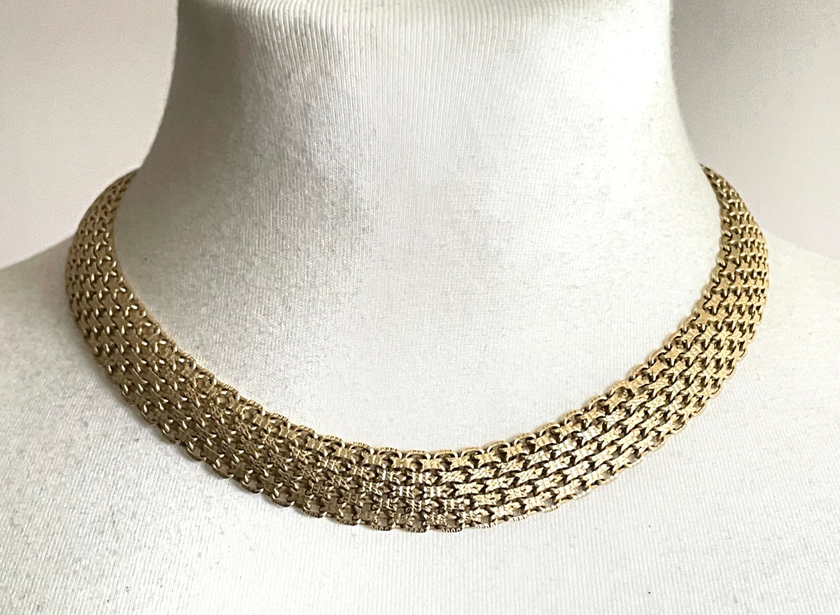 Vintage sterling silver gold vermeil wide criss-cross link collar necklace with chunky clasp, fully stamped 925 Italy, 42 grams