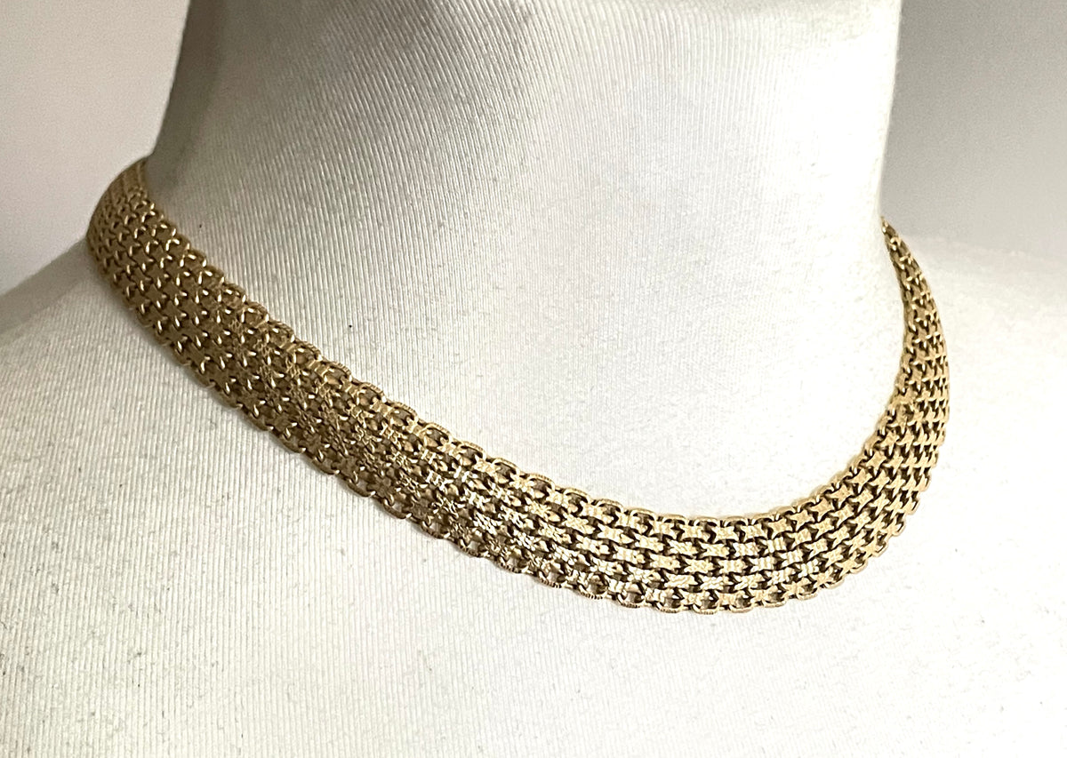 Vintage sterling silver gold vermeil wide criss-cross link collar necklace with chunky clasp, fully stamped 925 Italy, 42 grams
