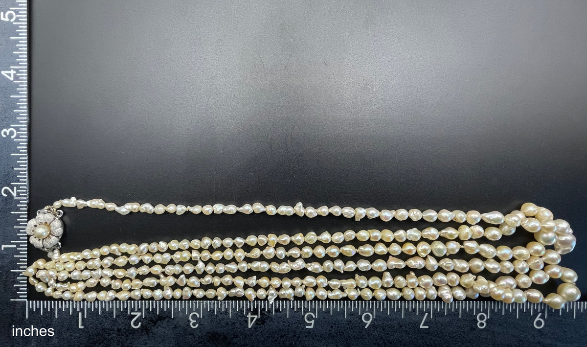 Antique real baroque pearl extra long flapper length necklace, hand-knotted, pretty 800 silver clasp with real pearl, 43 grams