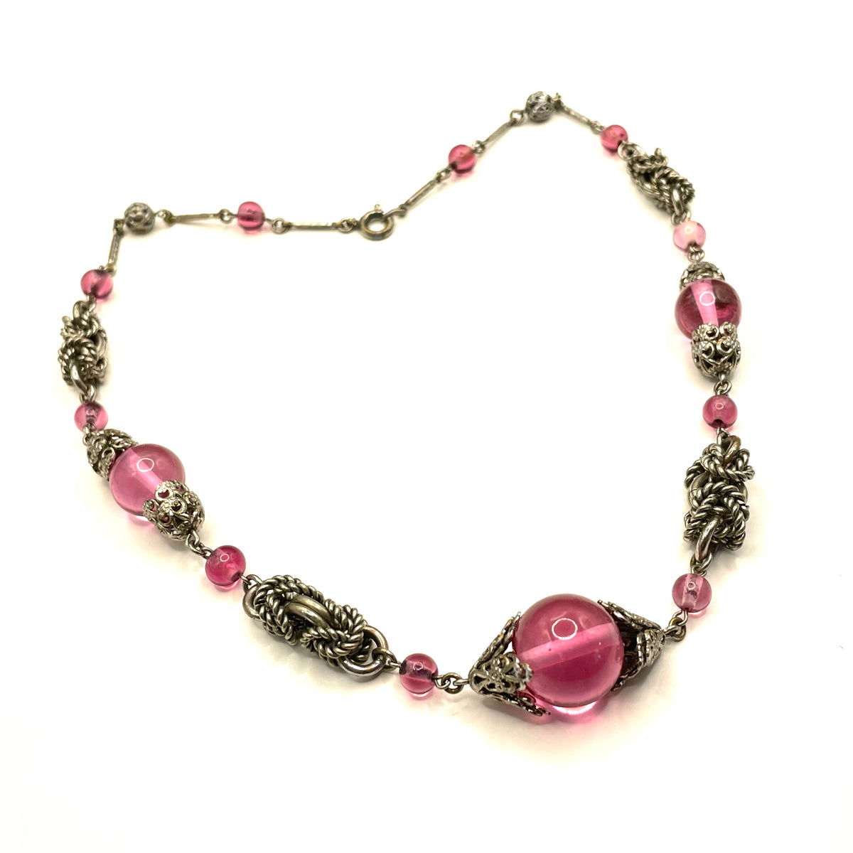 Vintage Art Deco pink glass and chrome machine age necklace - Jakob Bengel attributed, unusual colour