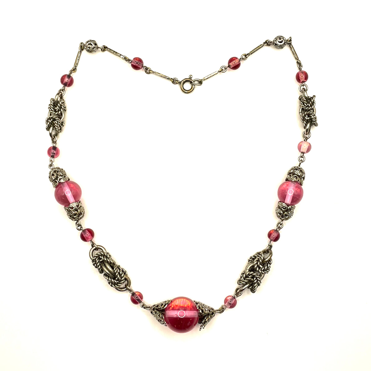 Vintage Art Deco pink glass and chrome machine age necklace - Jakob Bengel attributed, unusual colour
