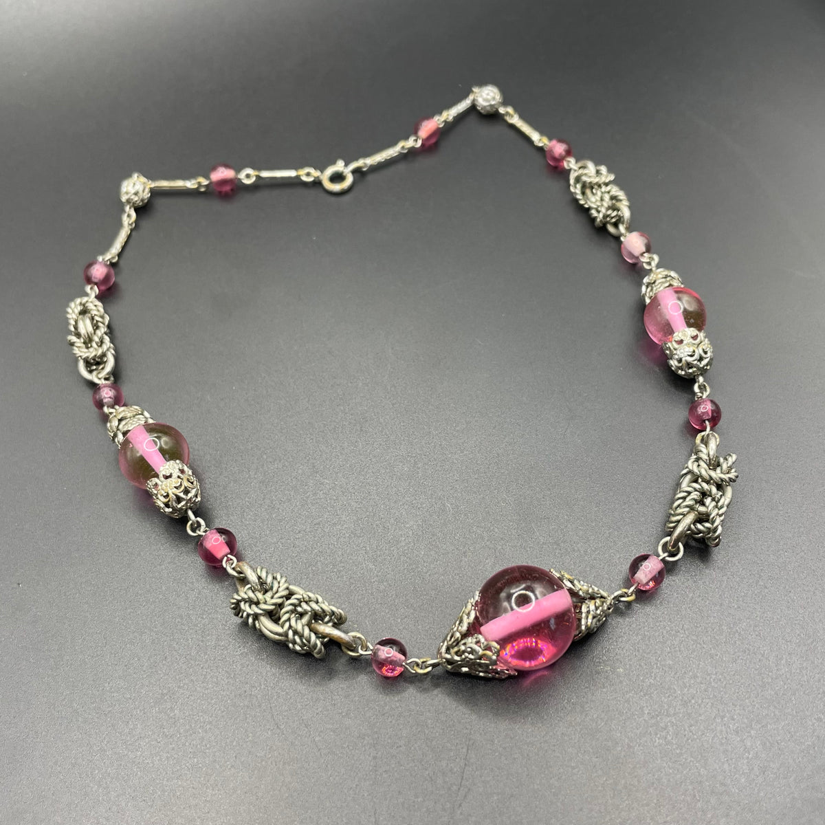 Vintage Art Deco pink glass and chrome machine age necklace - Jakob Bengel attributed, unusual colour