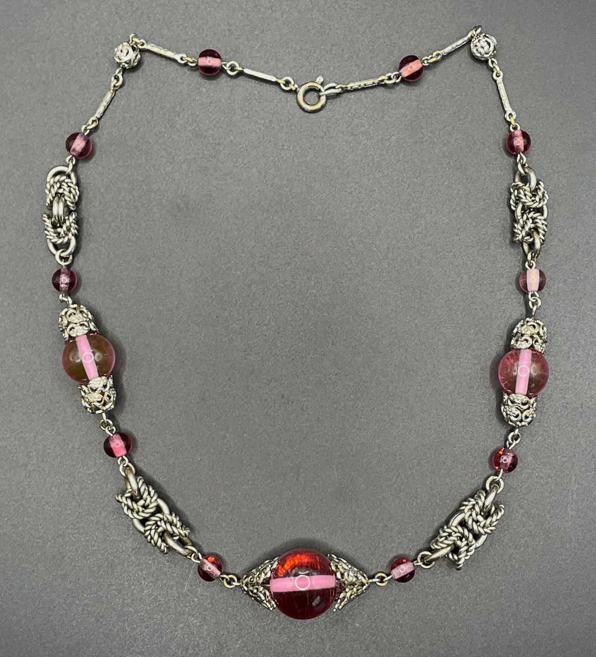 Vintage Art Deco pink glass and chrome machine age necklace - Jakob Bengel attributed, unusual colour