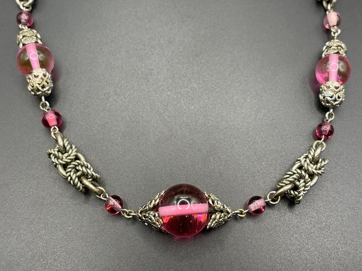 Vintage Art Deco pink glass and chrome machine age necklace - Jakob Bengel attributed, unusual colour