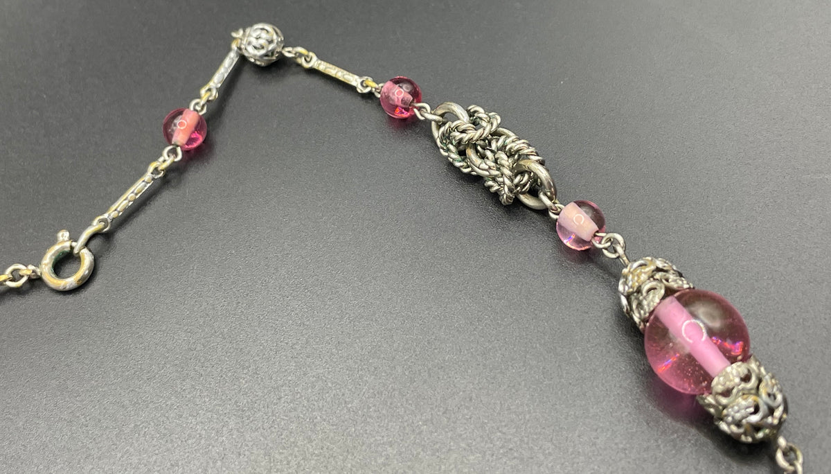 Vintage Art Deco pink glass and chrome machine age necklace - Jakob Bengel attributed, unusual colour