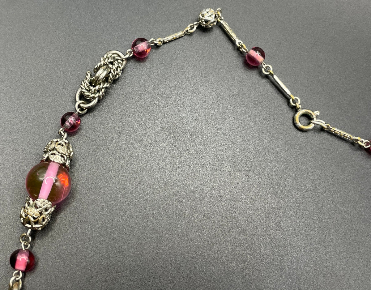 Vintage Art Deco pink glass and chrome machine age necklace - Jakob Bengel attributed, unusual colour
