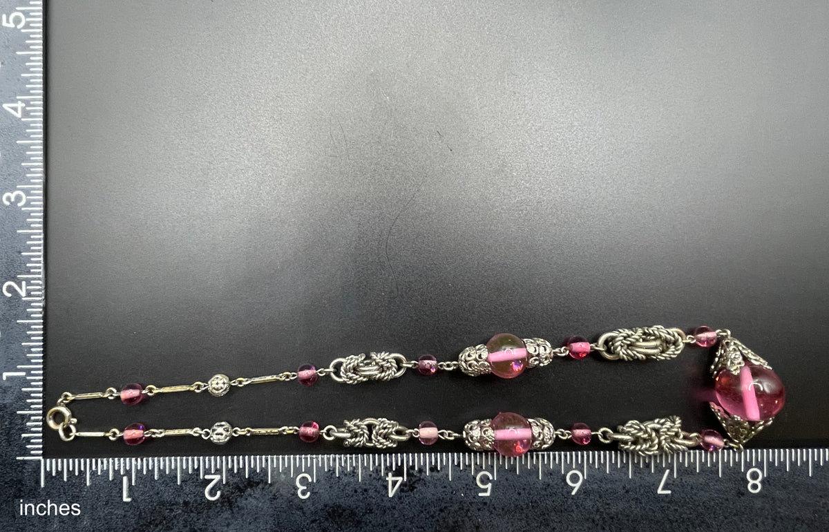 Vintage Art Deco pink glass and chrome machine age necklace - Jakob Bengel attributed, unusual colour