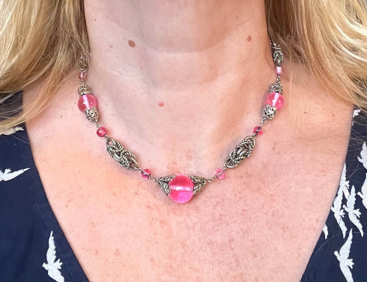 Vintage Art Deco pink glass and chrome machine age necklace - Jakob Bengel attributed, unusual colour