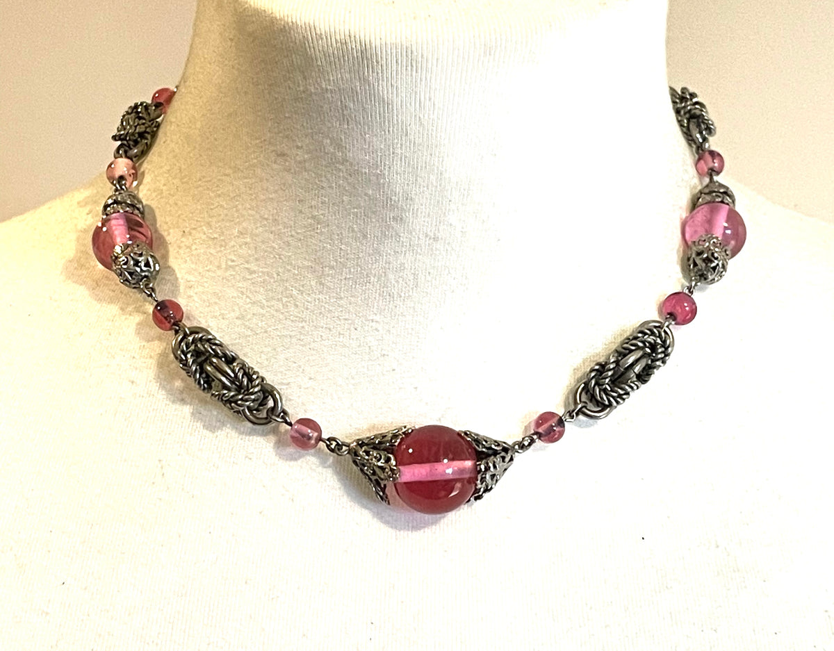 Vintage Art Deco pink glass and chrome machine age necklace - Jakob Bengel attributed, unusual colour