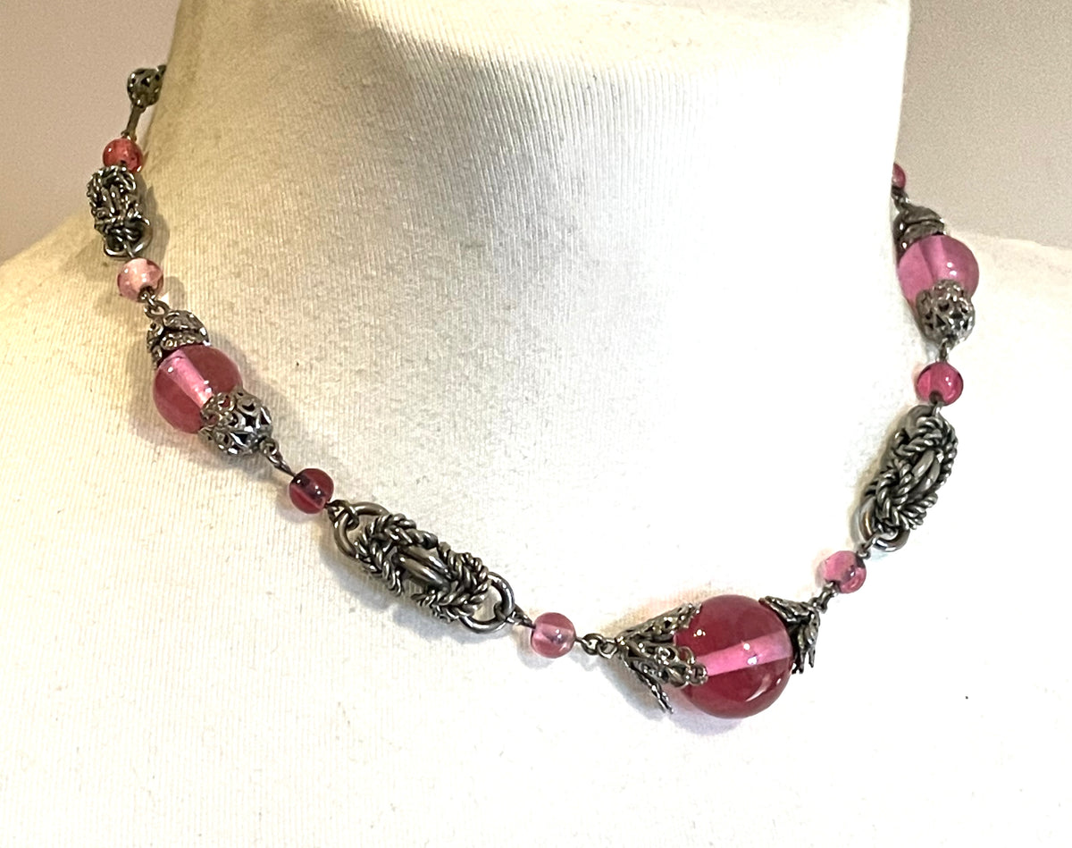 Vintage Art Deco pink glass and chrome machine age necklace - Jakob Bengel attributed, unusual colour