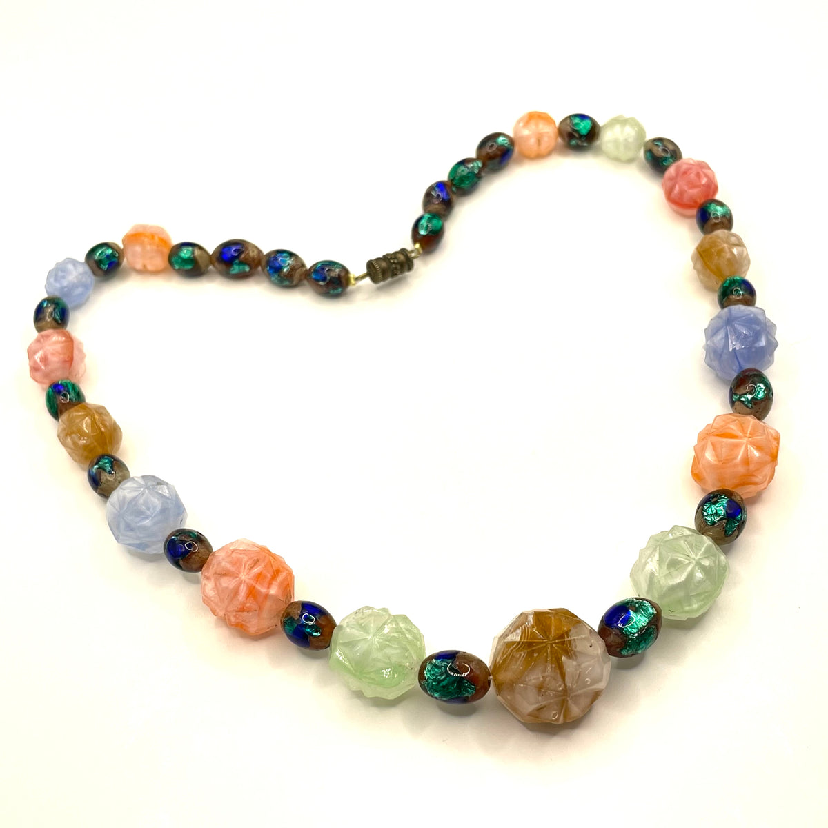Unusual vintage moulded satin glass bead & foiled glass bead necklace with beautiful multi-coloured glass