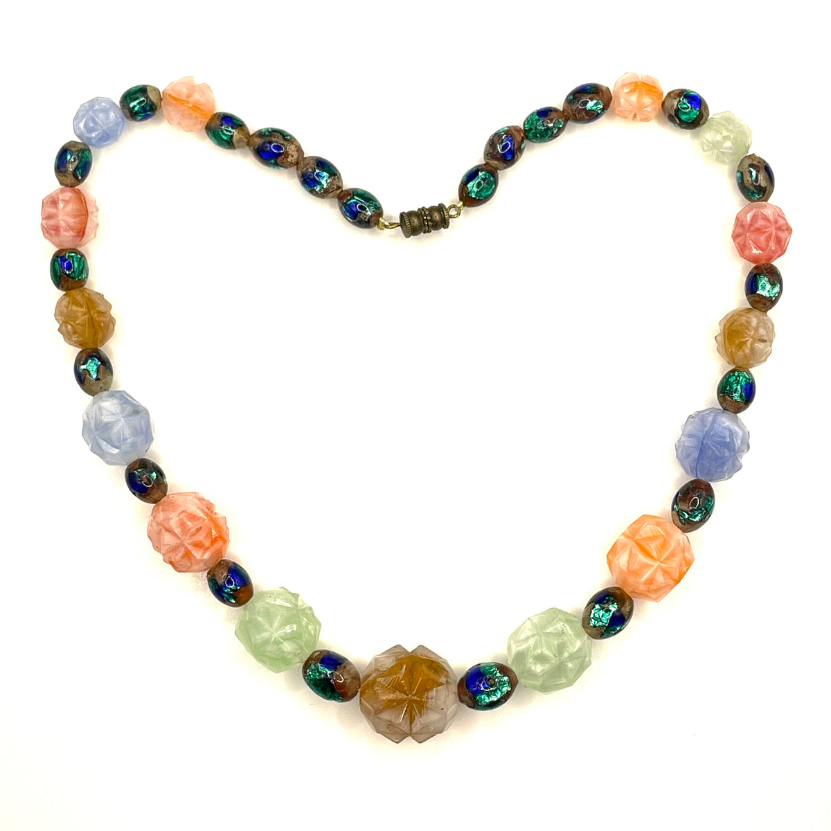 Unusual vintage moulded satin glass bead & foiled glass bead necklace with beautiful multi-coloured glass