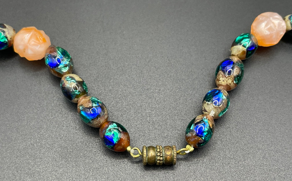 Unusual vintage moulded satin glass bead & foiled glass bead necklace with beautiful multi-coloured glass
