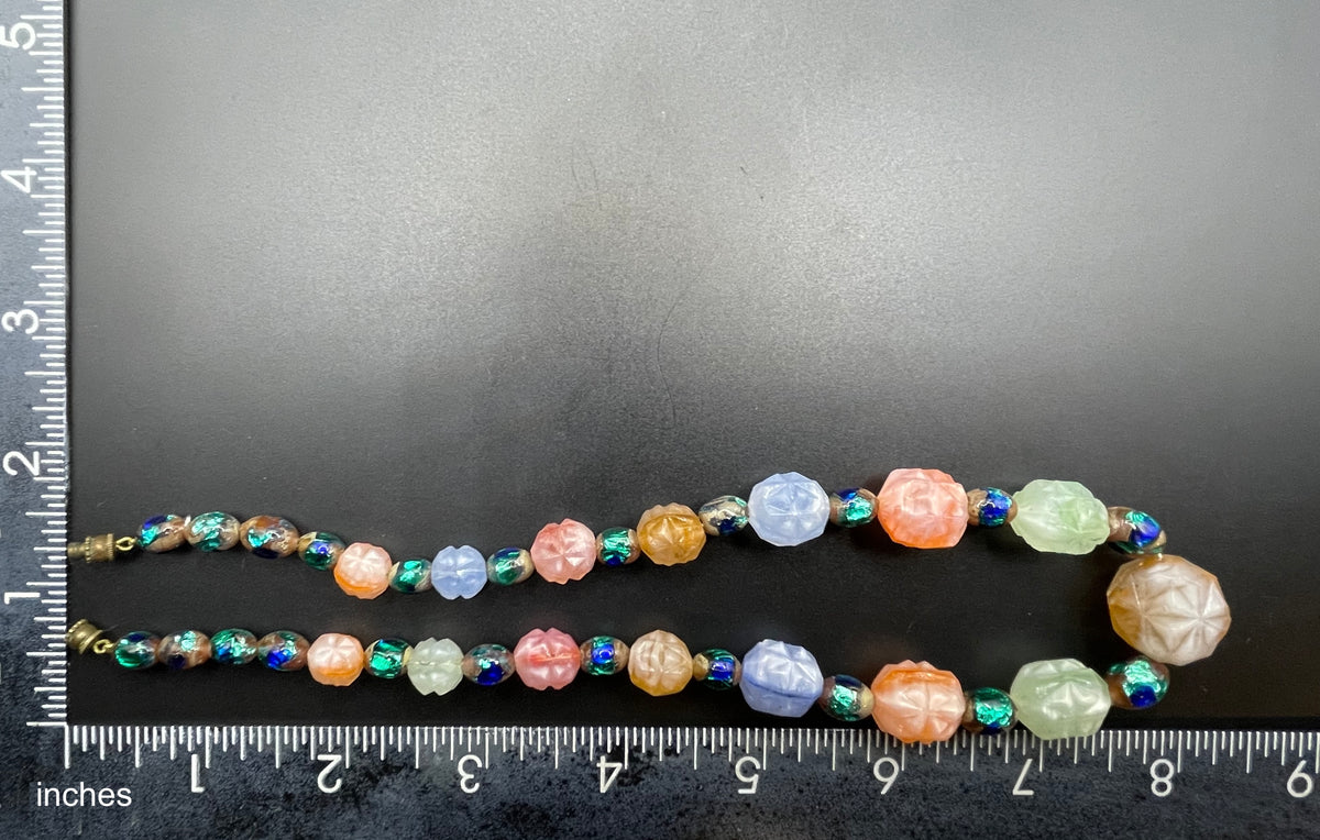 Unusual vintage moulded satin glass bead & foiled glass bead necklace with beautiful multi-coloured glass