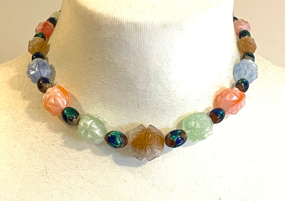 Unusual vintage moulded satin glass bead & foiled glass bead necklace with beautiful multi-coloured glass