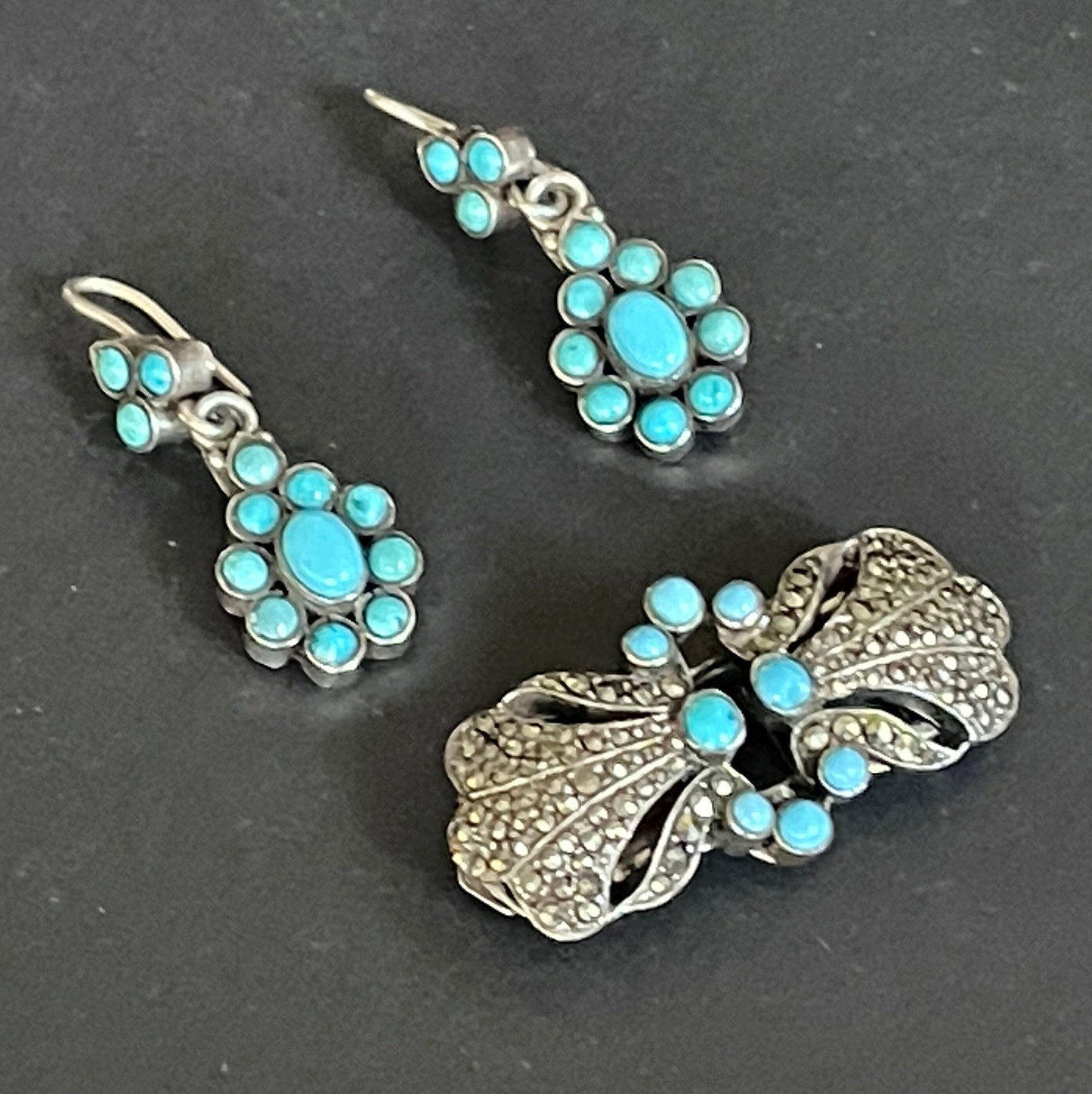 Vintage / antique sterling silver and turquoise duette (a brooch that can be converted to a brooch and 2 dress clips) and drop earrings set