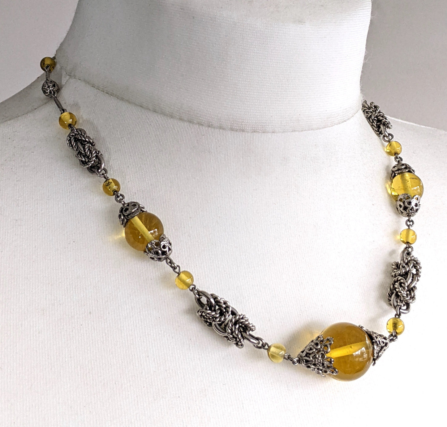 Vintage Art Deco yellow glass and chrome machine age necklace - Jakob Bengel attributed, mint condition, unusual colour