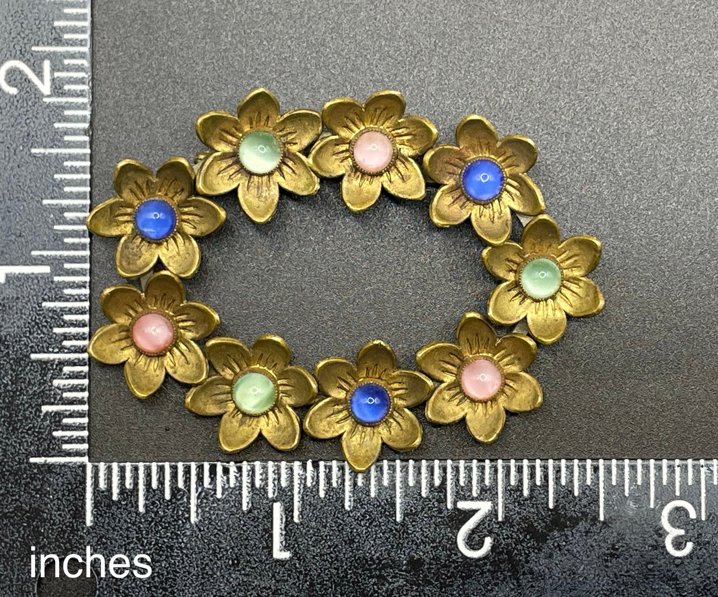 Vintage Neiger Brothers (Max and Norbert) large flower brooch - pastel coloured satin glass cabochons & gold tone, a ring of flowers