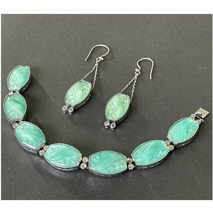 Vintage Art Deco, moulded green faux jade glass, collet set paste rhinestone and silver tone 1930s panel bracelet and drop earrings set