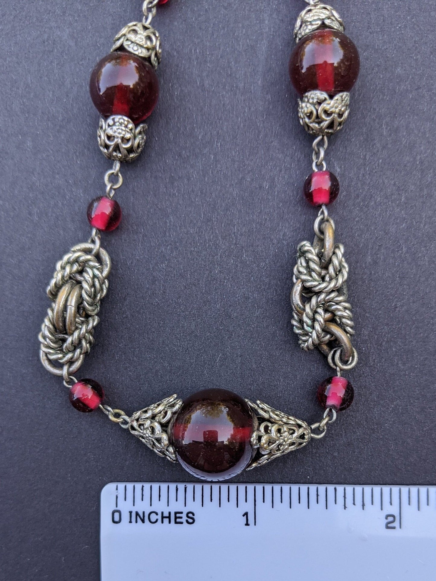 Vintage Art Deco red glass and chrome machine age necklace - Jakob Bengel attributed