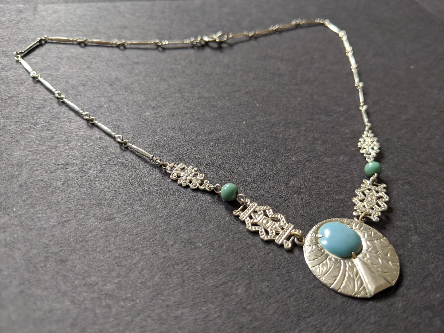 Vintage Jakob Bengel Art Deco machine age silver tone, aqua blue galalith and glass bead necklace