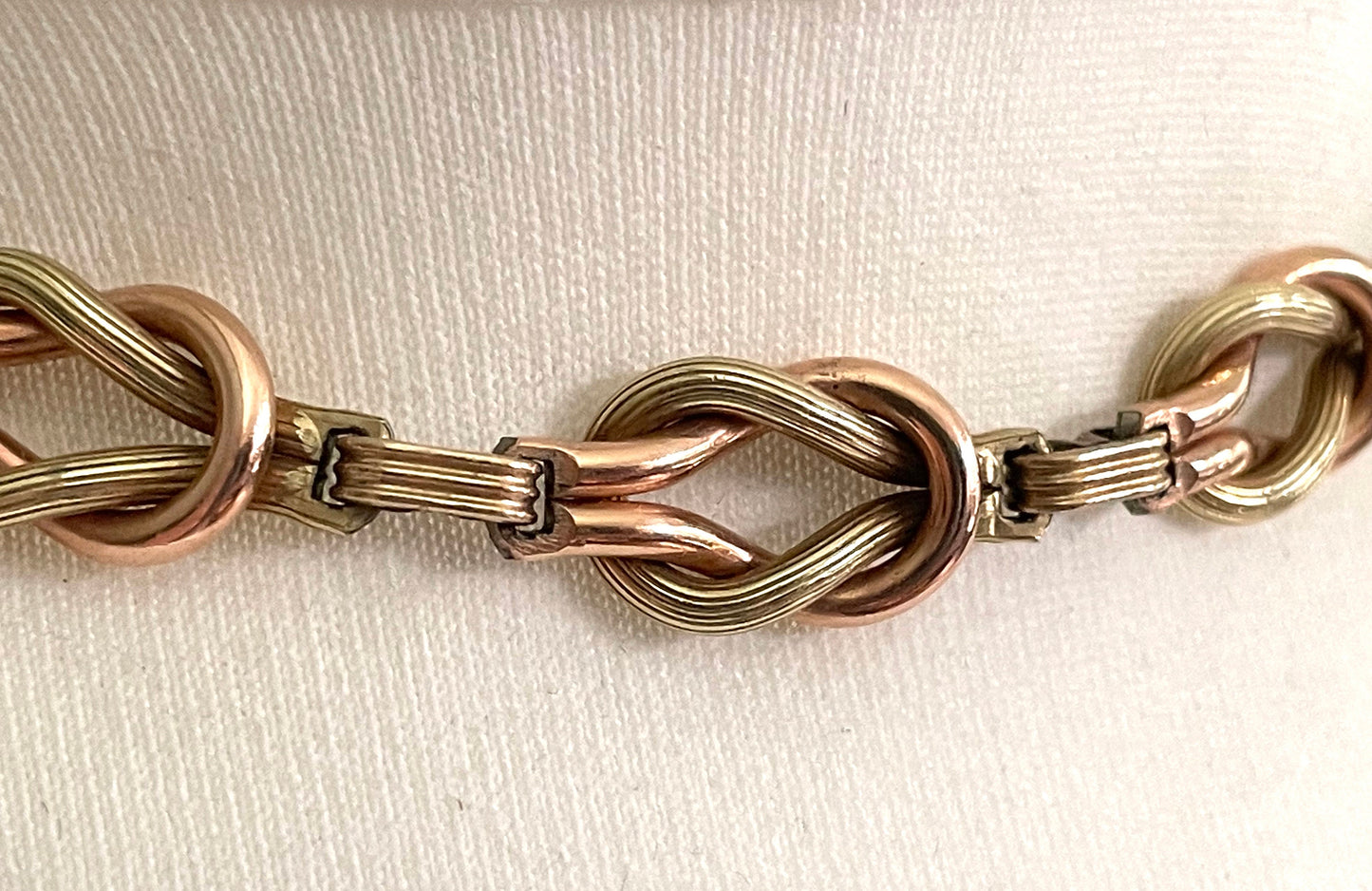 Vintage Art Deco reef knot necklace bi-colour 1/20 12K yellow / green and rose gold filled sterling silver, by GW in the 1930s