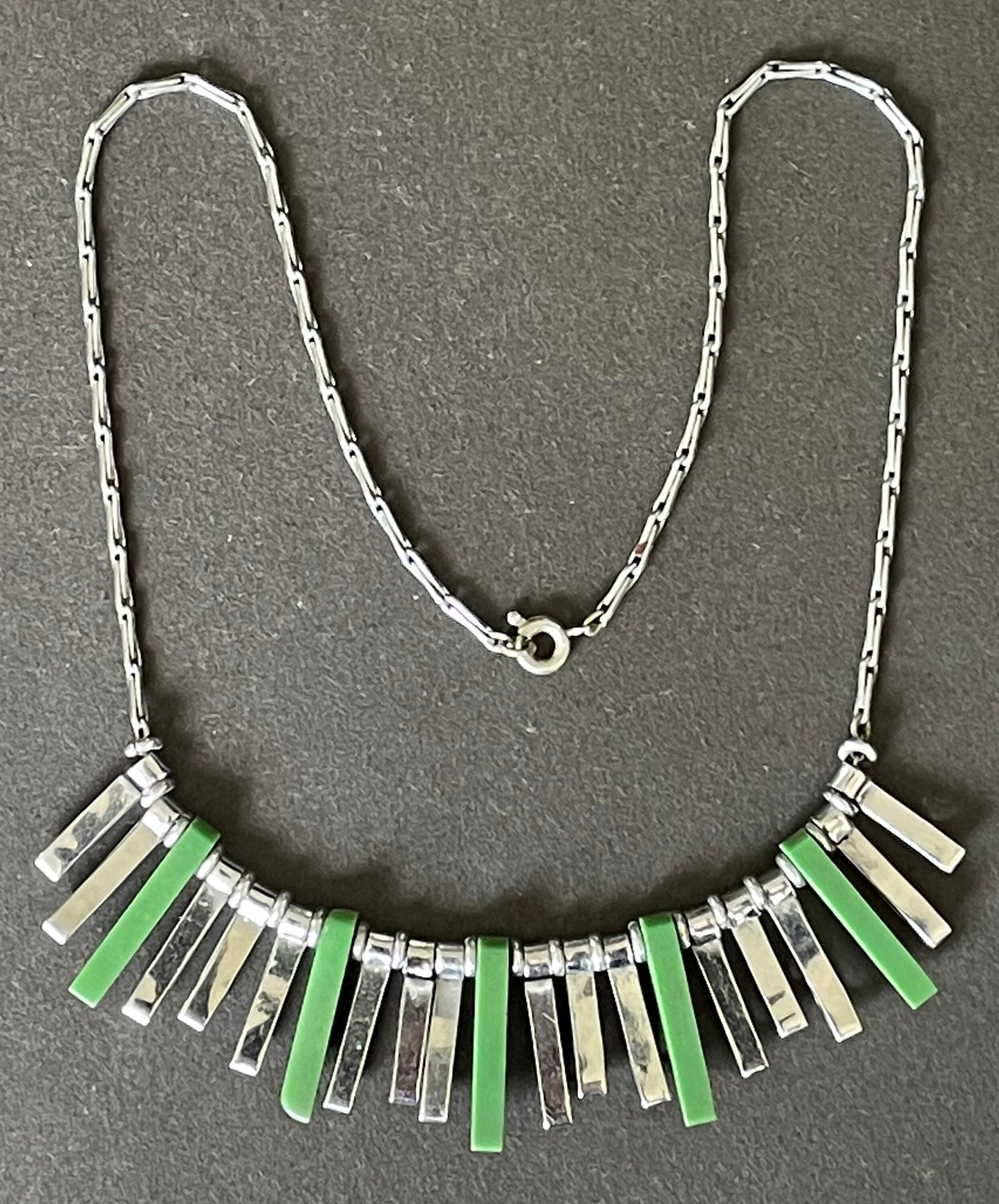 Vintage Jakob Bengel Art Deco machine age necklace, beautiful bright green galalith 3D geometric shapes with shiny silver tone chrome