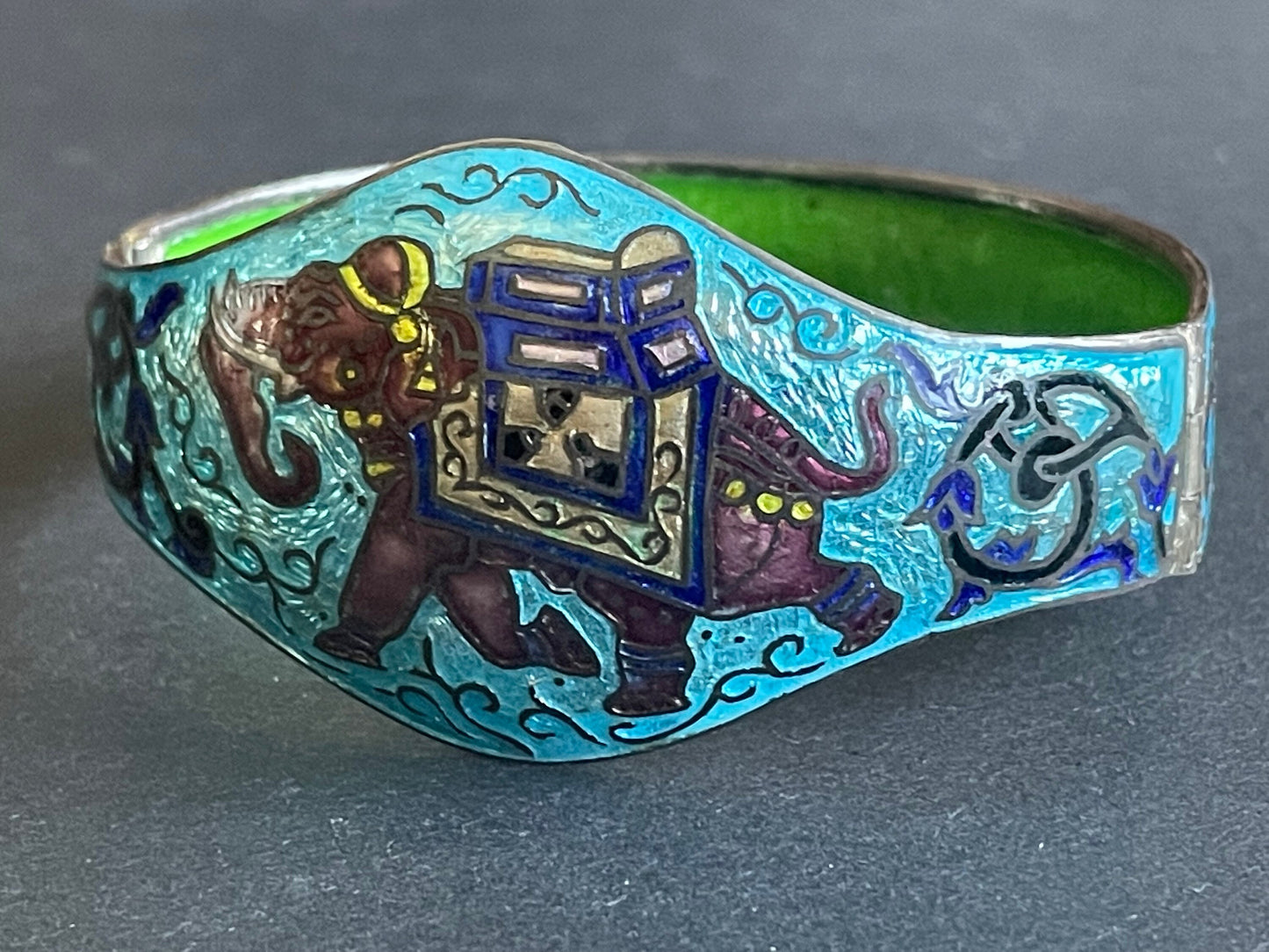 Vintage beautiful Rajasthani silver and brightly coloured enamel elephant design Indian hinged bangle, vibrant blue, green and deep red