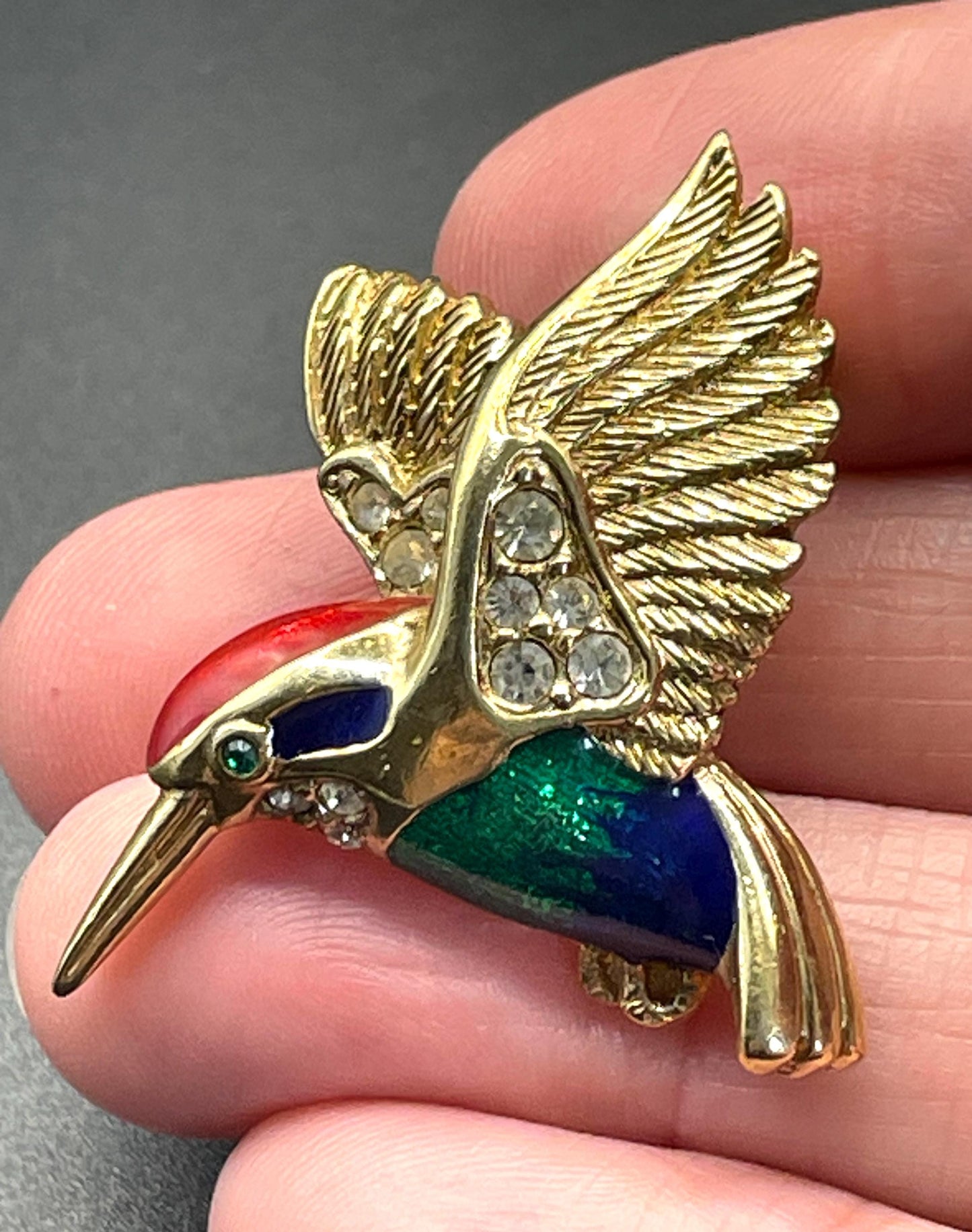 Vintage signed Attwood and Sawyer A&S 22ct gold plated, blue, red and green enamel and rhinestone petite bird kingfisher brooch