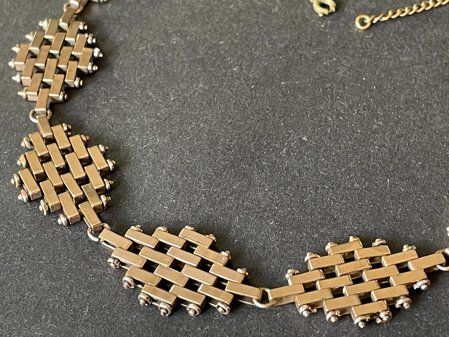 Vintage Jakob Bengel Art Deco brickwork / mauerwerk machine age gold tone choker necklace, geometric design