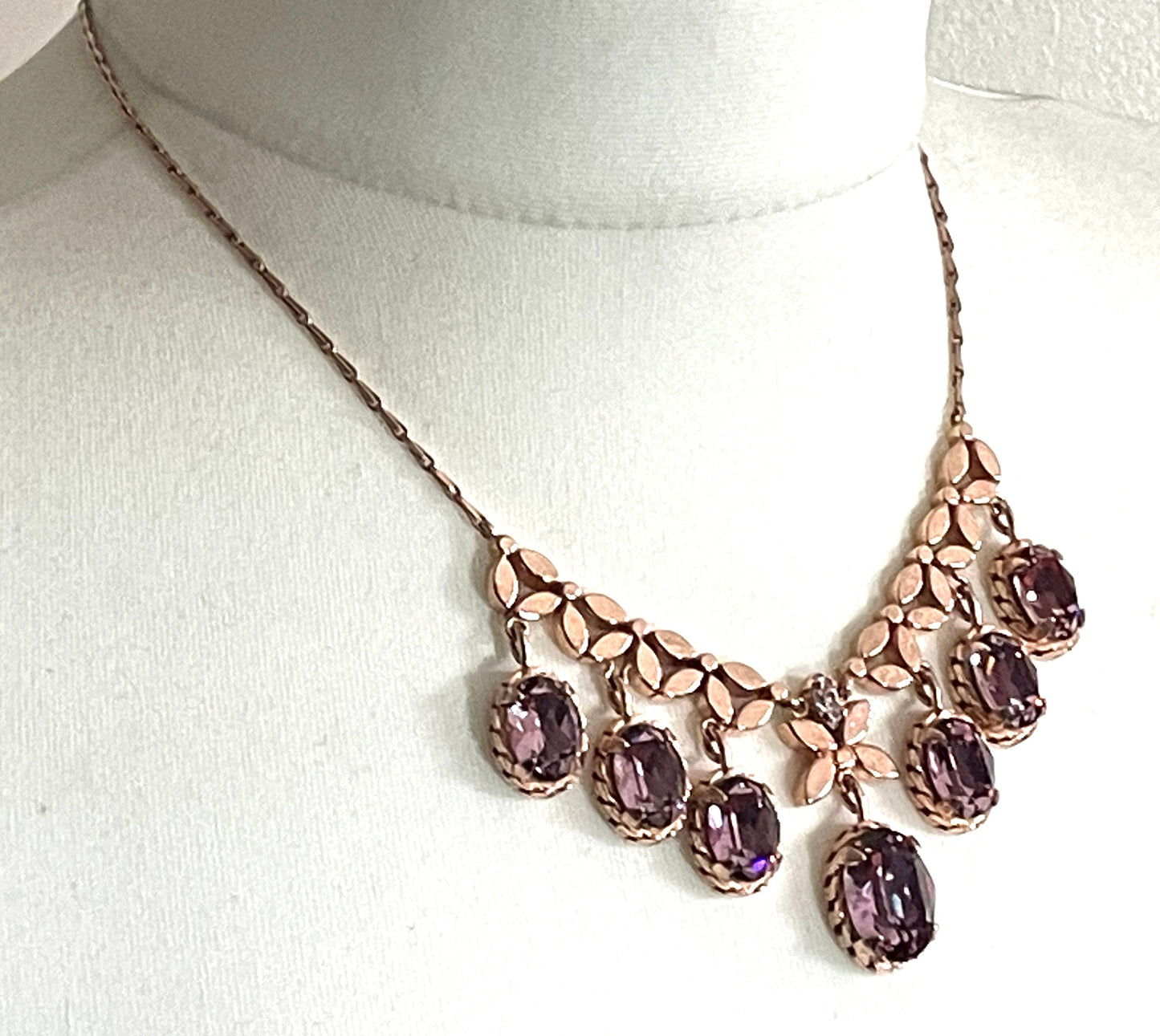 Vintage gold on sterling silver and amethyst purple rhinestone necklace, bezel set stones, heavy fabulous quality piece