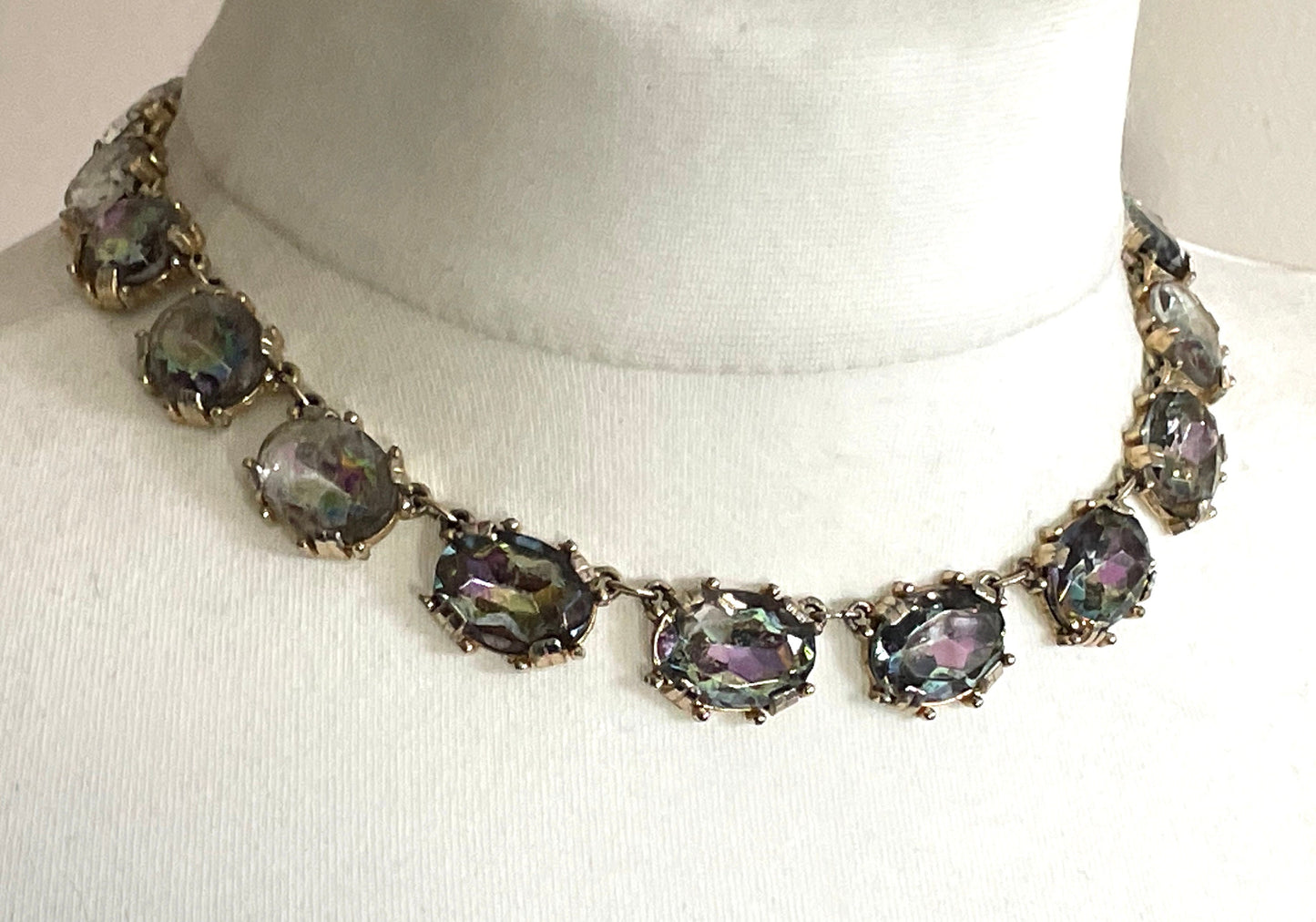 Vintage Sphinx watermelon glass riviere necklace and clip on earrings set, heavy, bezel set, open-backed stones in pale gold tone