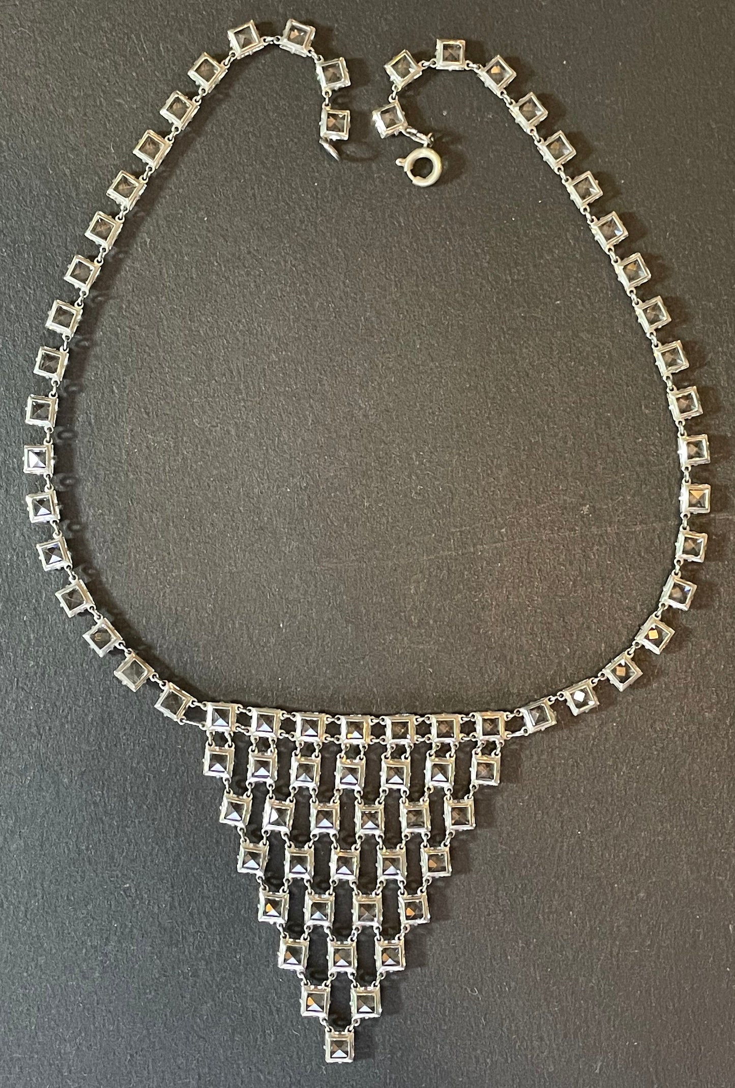 Vintage Art Deco crystal geometric riviere necklace, bezel set, open backed, princess cut (square) paste stones