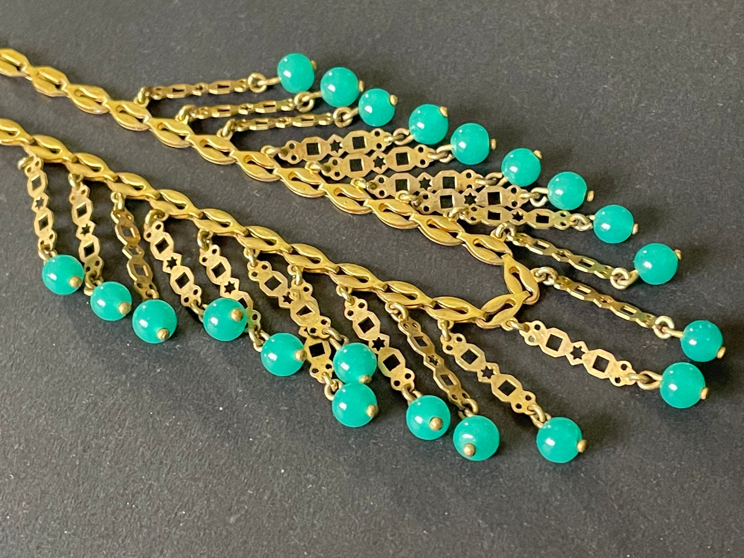 Vintage Art Deco machine age gold tone and jade green glass bead fringe necklace, beautiful workmanship, possible Jakob Bengel