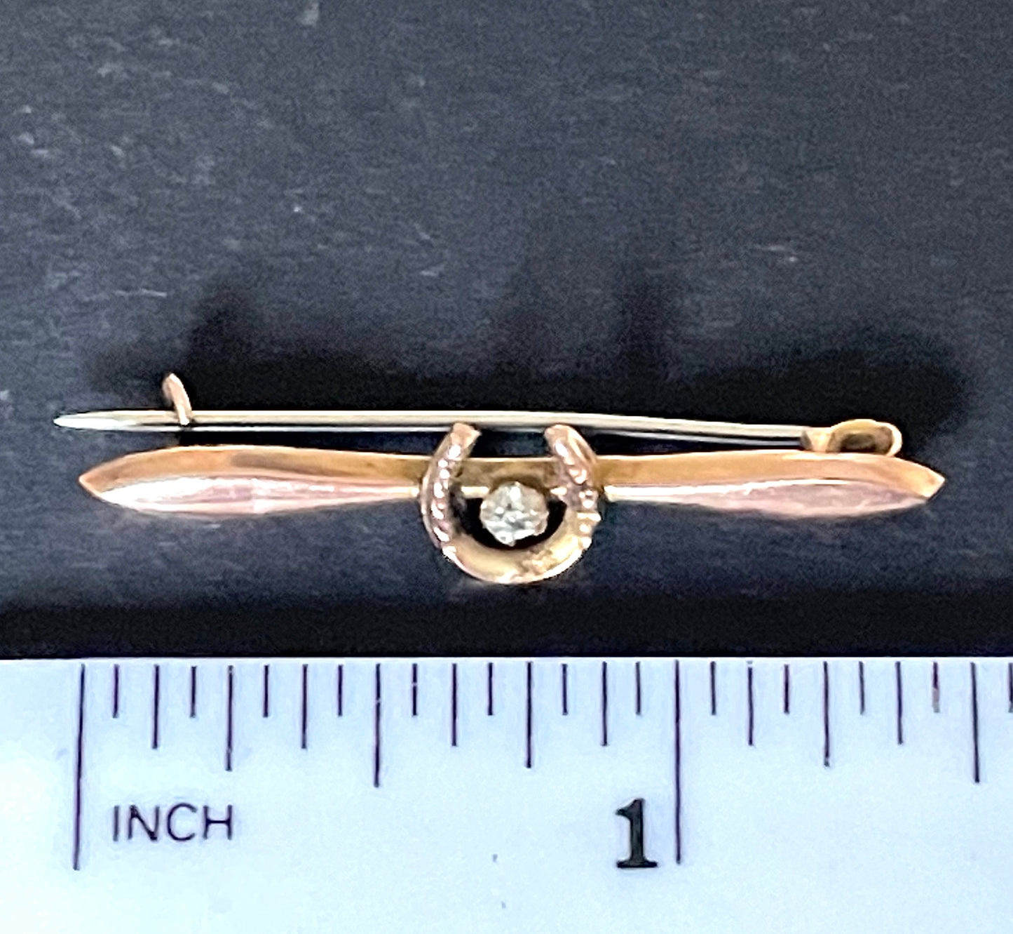 Antique 9ct gold and clear stone horseshoe bar brooch, gorgeous petite equestrian pin, yellow and rose gold hues