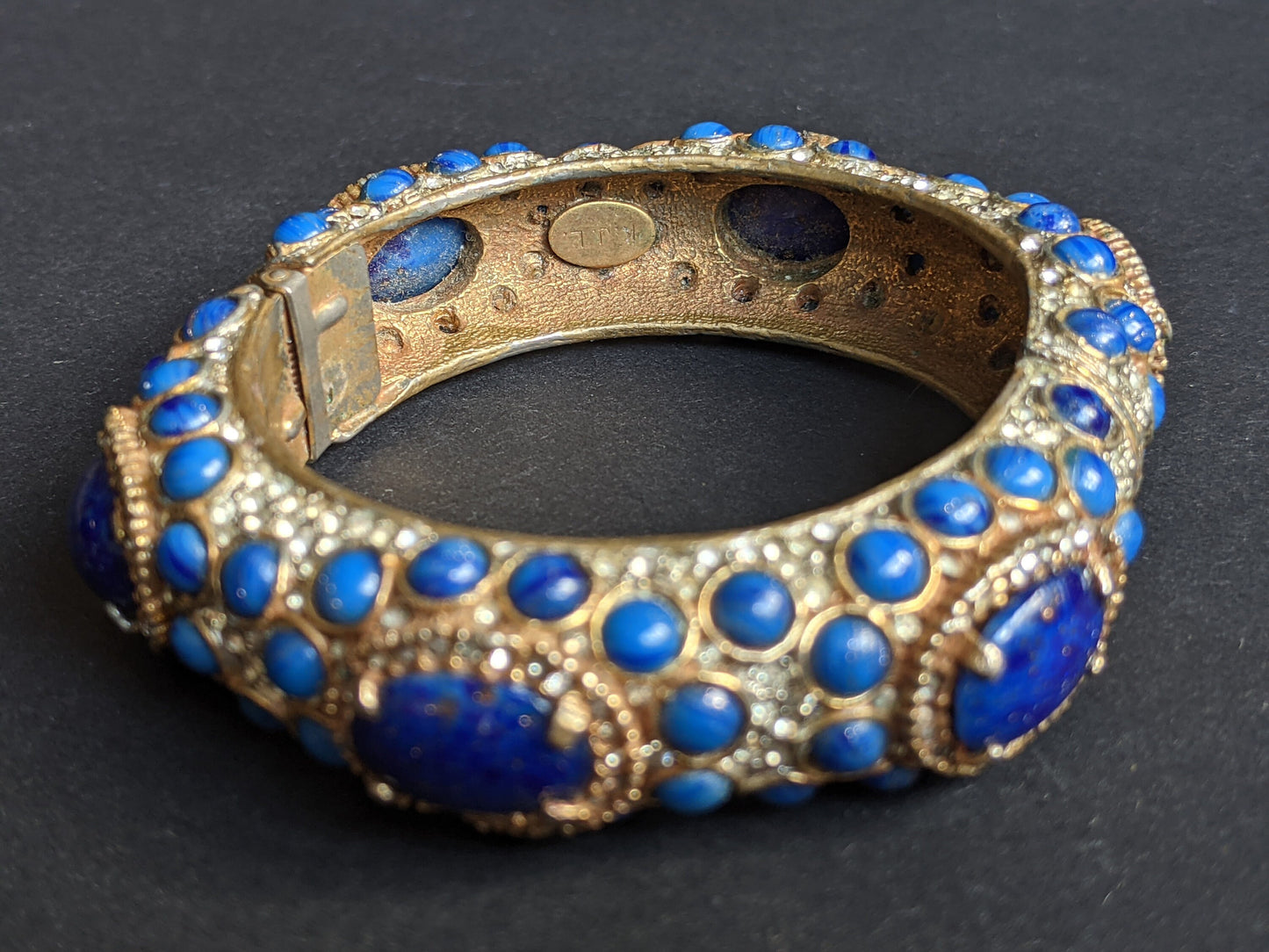 Vintage Kenneth Jay Lane KJL classic 1960s signed mogul style cabochon & rhinestone encrusted hinged bangle, lapis lazuli blue glass stones