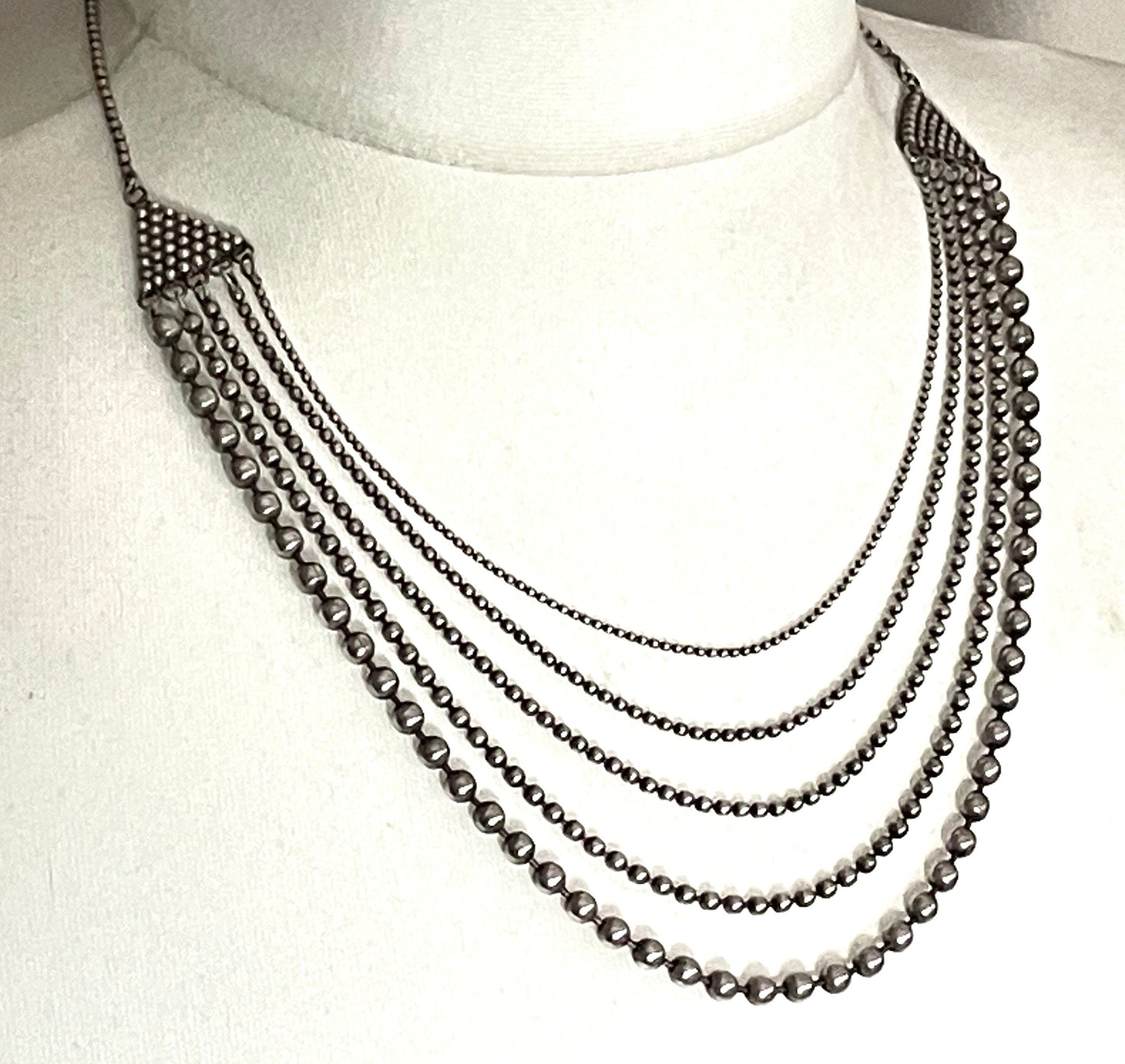 Beautiful vintage sterling silver, Art Deco style geometric and ball chain multi strand necklace, 44 grams