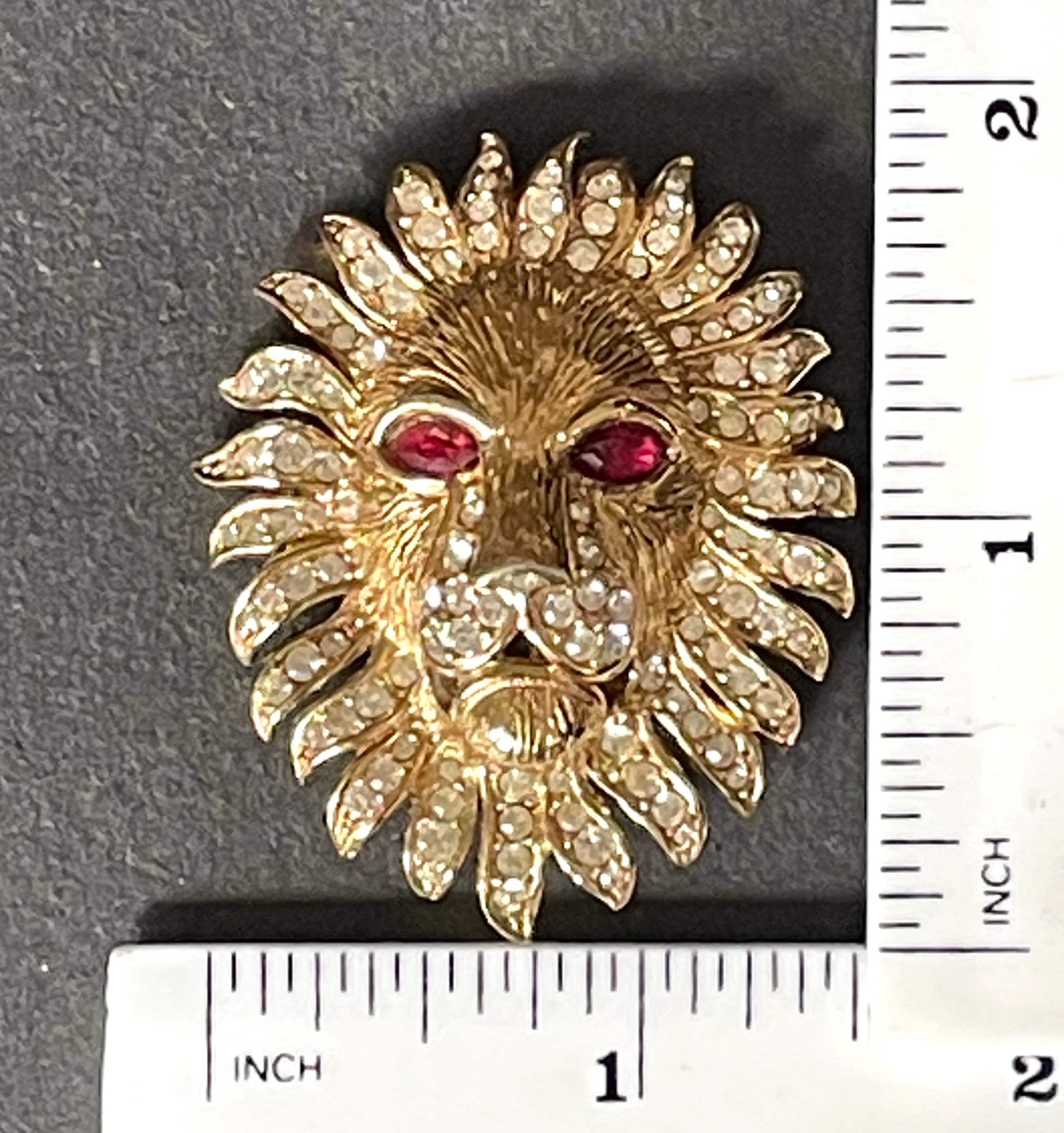 Vintage Attwood and Sawyer (A&S) large rhinestone lion brooch - signed, gold-plated, unusual ruby red rhinestone eyes