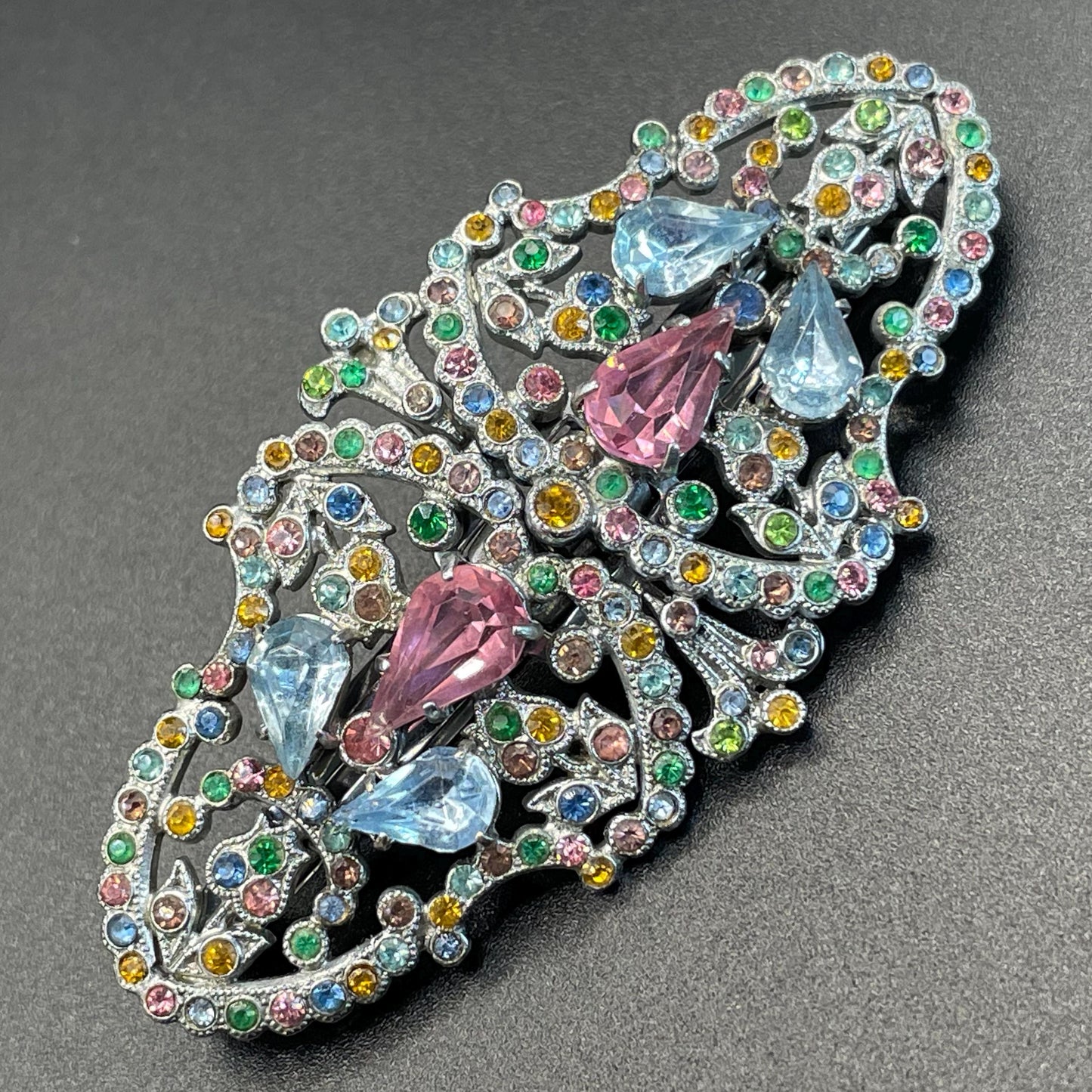 Vintage Art Deco Czech duette with multi-coloured rhinestones - a silver tone filigree brooch that can be converted to two dress clips