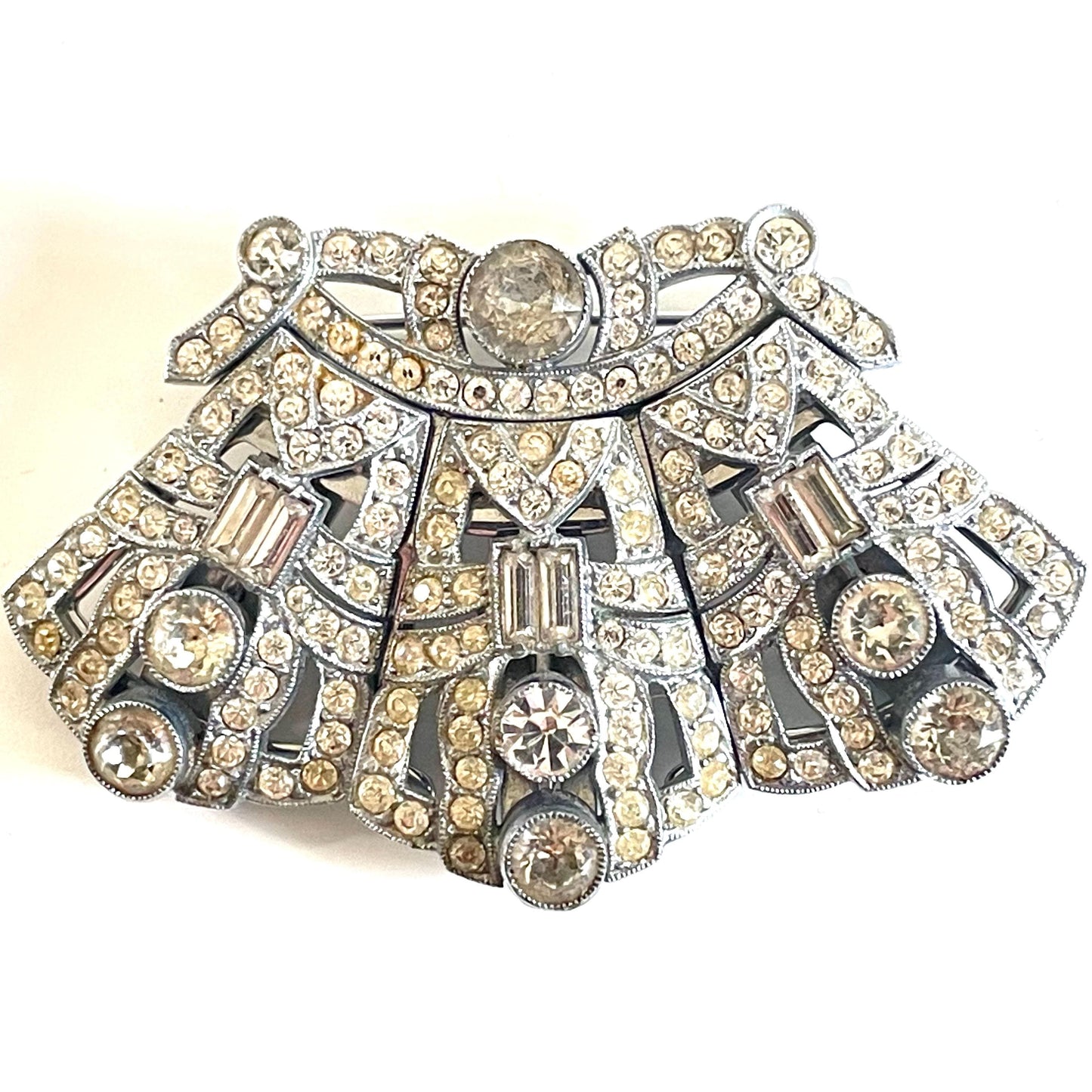 Unusual vintage Art Deco duette / triette - a clear rhinestone silver tone brooch which can be converted to three dress clips - metamorphic