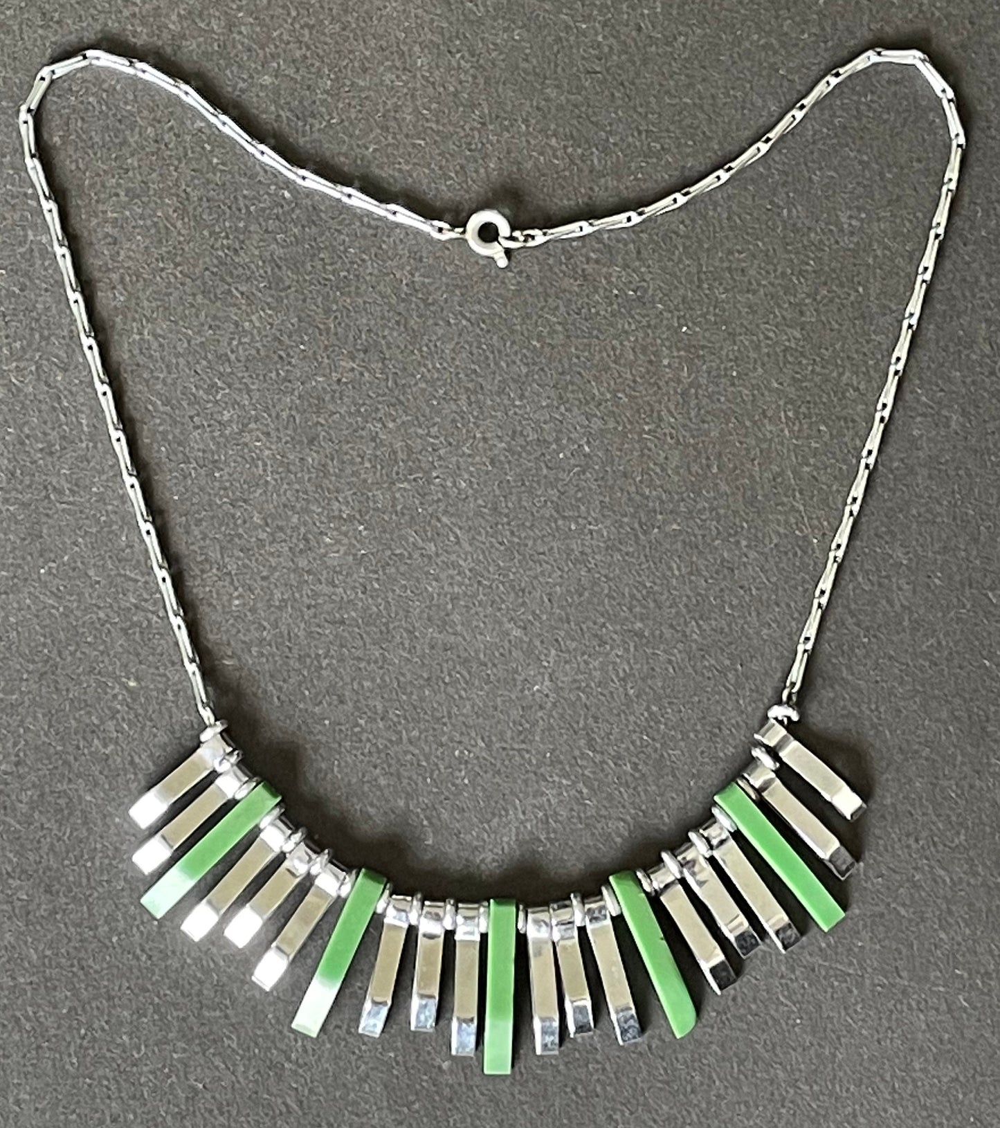 Vintage Jakob Bengel Art Deco machine age necklace, beautiful bright green galalith 3D geometric shapes with shiny silver tone chrome