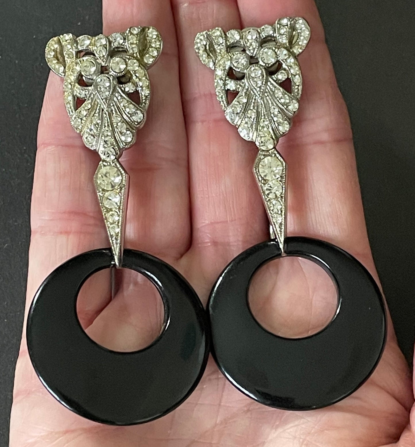 Vintage huge Art Deco rhinestone paste and geometric black circle silver tone drop clip on earrings