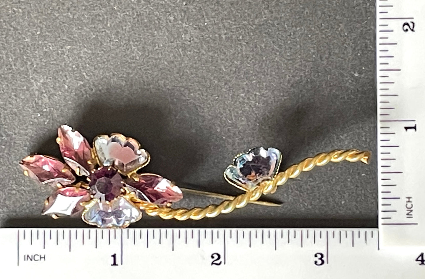 Vintage rhinestone / crystal bi-colour amethyst purple and blue flower brooch, vauxhall / mirror glass style in gold tone