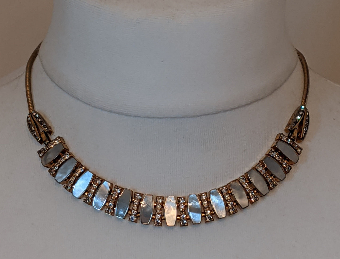 Vintage signed Esha Randel / Schreiber & Hiller Art Deco paste rhinestone and mother of pearl gilt machine age necklace, classic and chic