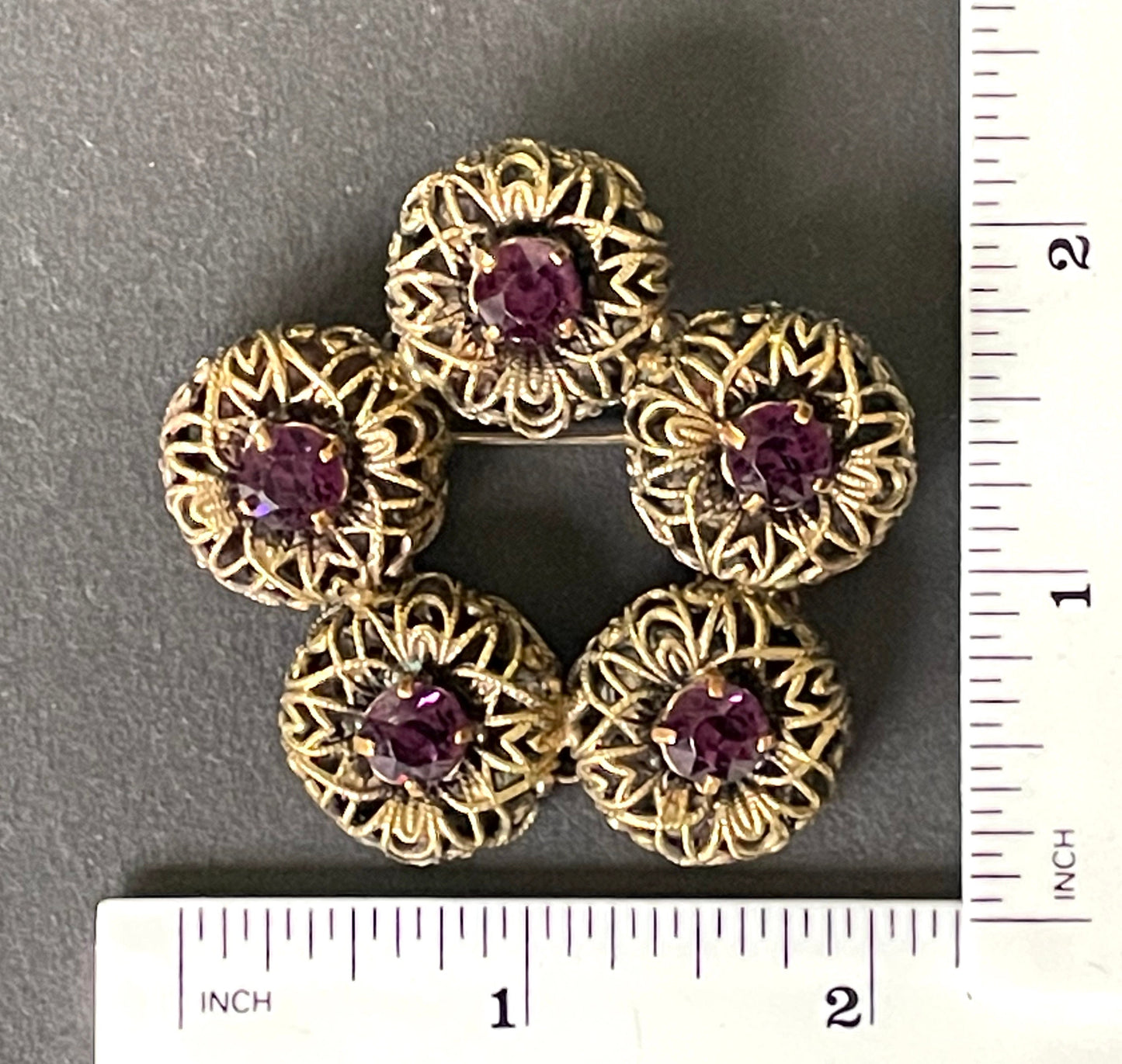 Large vintage amethyst purple paste 1930s Czech Art Deco rhinestone floral brooch with gold tone filigree